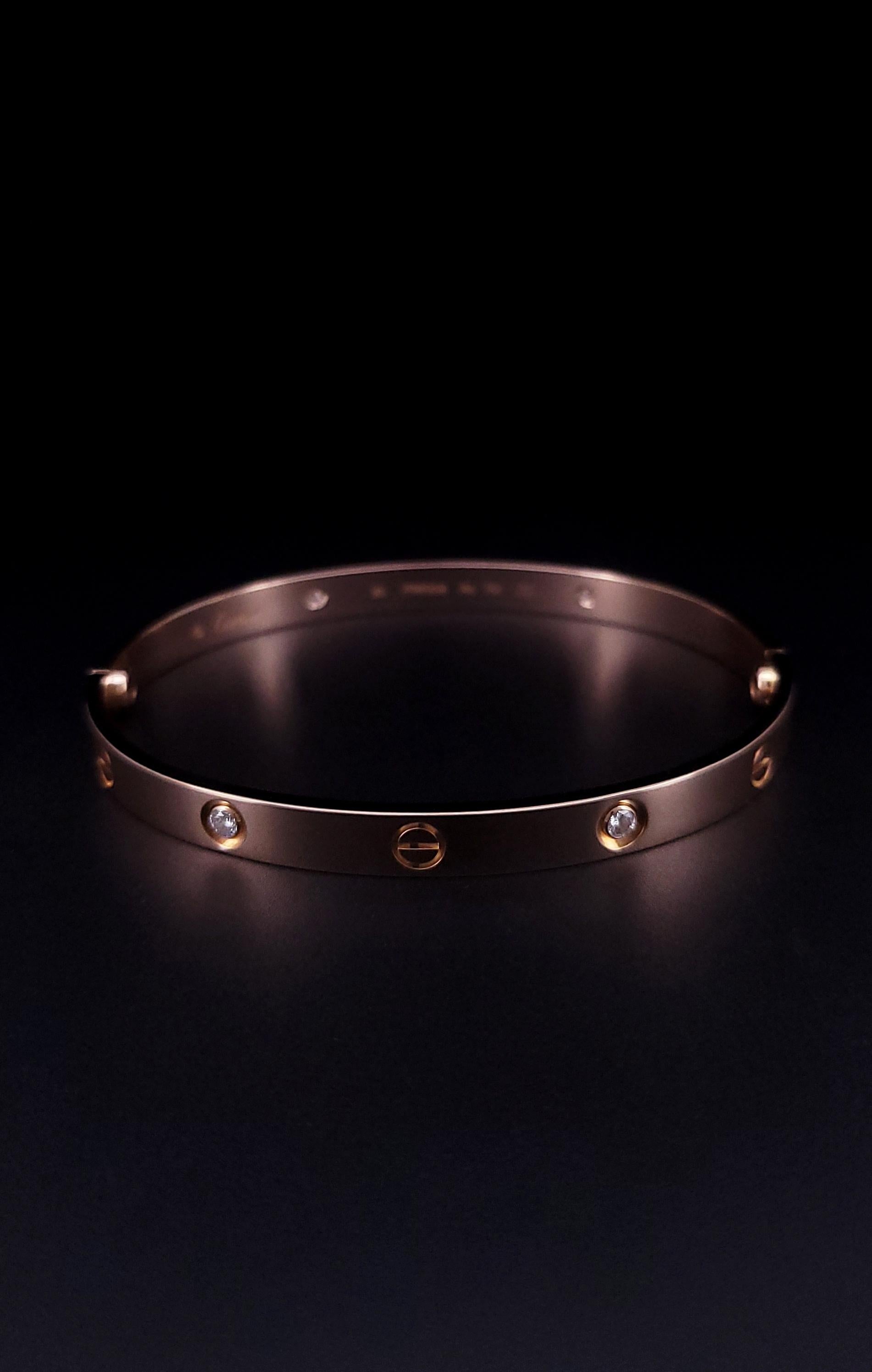 LOVE BRACELET, CLASSIC MODEL, 4 DIAMONDS

A child of 1970s New York, the LOVE collection remains today an iconic symbol of love that transgresses convention. The screw motifs, ideal oval shape and undeniable elegance establish the piece as a