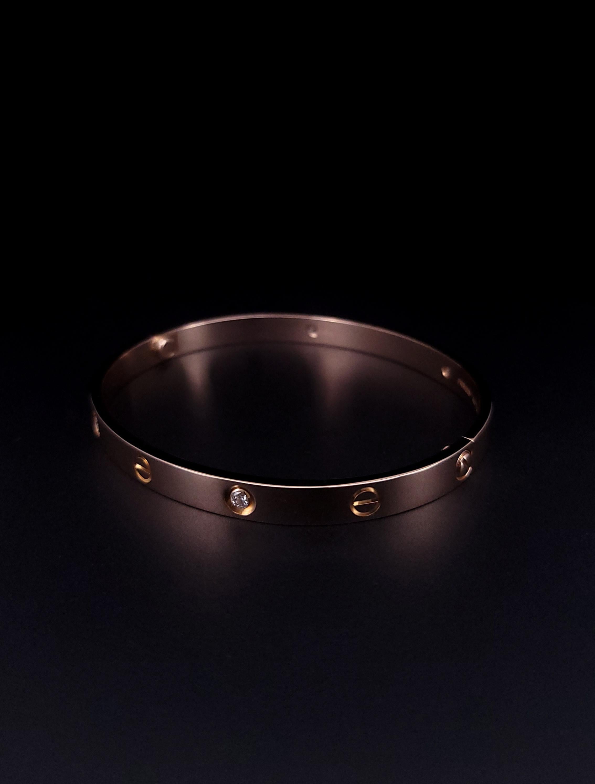 Cartier Love 4 Diamond Rose Gold Bracelet Size 20 In Excellent Condition For Sale In New York, NY