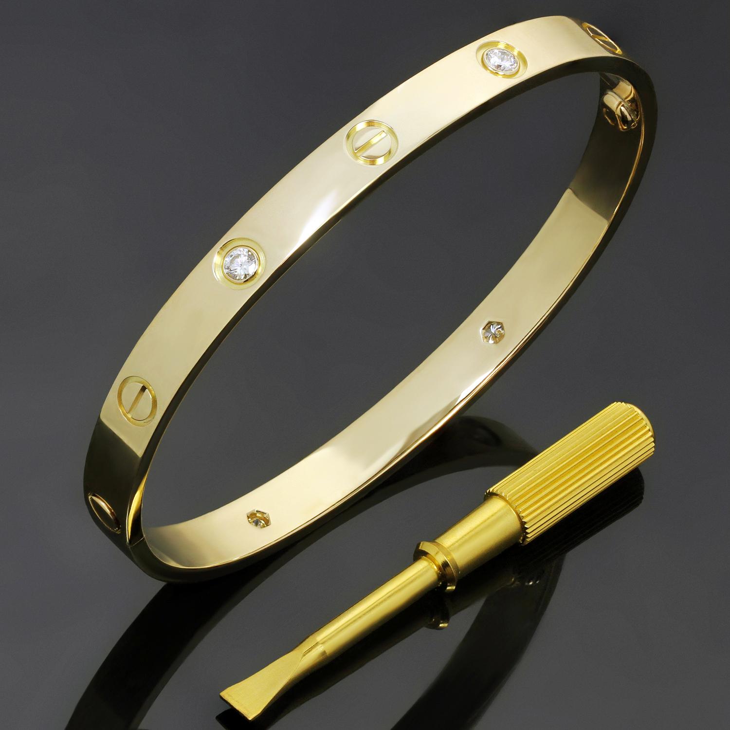 This iconic and timeless bracelet from Cartier's Love collection is crafted in 18k yellow gold and set with 4 round brilliant-cut diamonds of an estimated 0.42 carats. Completed with the original Cartier screwdriver, pouch and service receipt. This