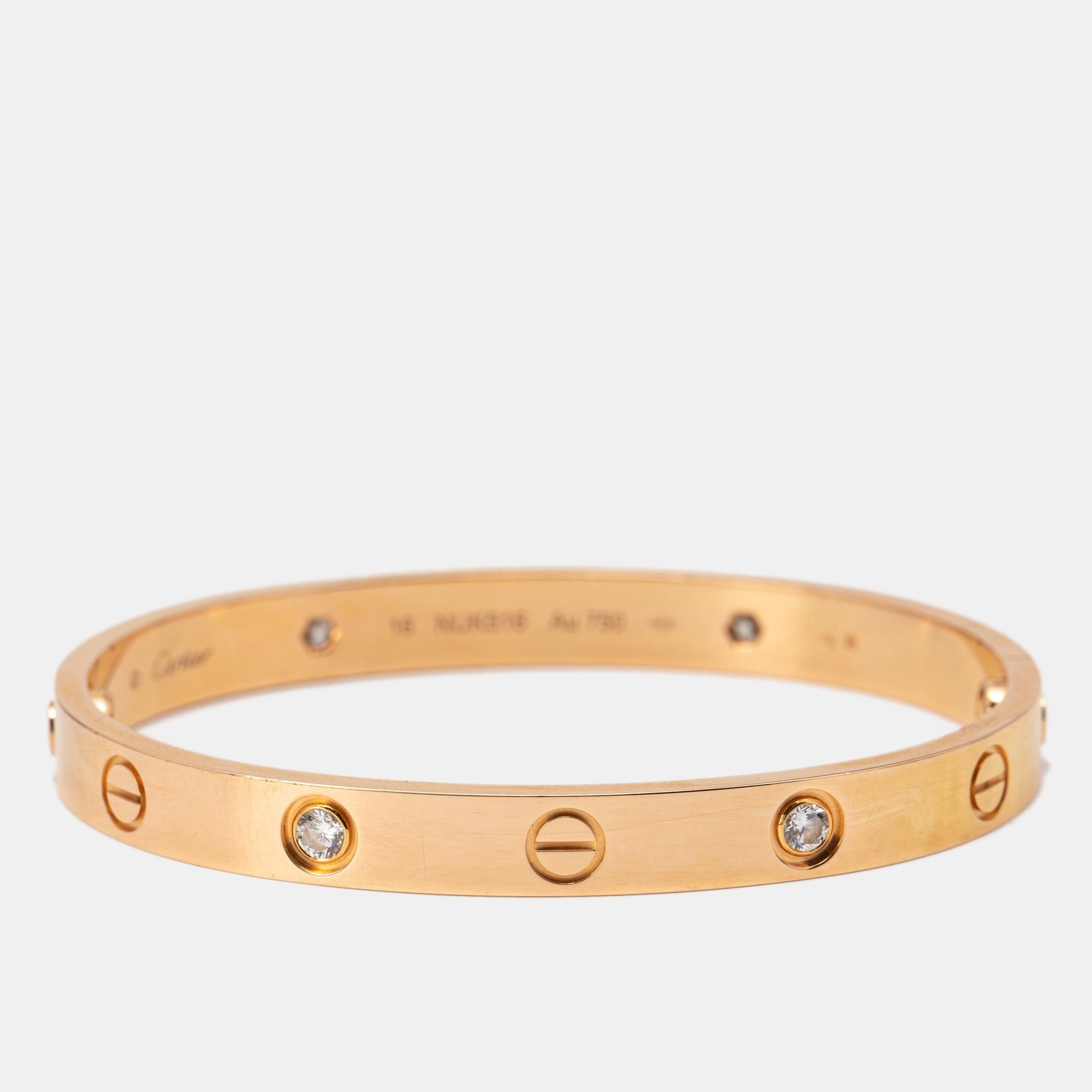 Cartier's Love bracelet is a modern symbol of luxury and a way to lock in one's love. Designed in an oval shape to comfortably sit around your wrist, the iconic love handcuff is laid with distinct screw motifs and secured by screw closure. This