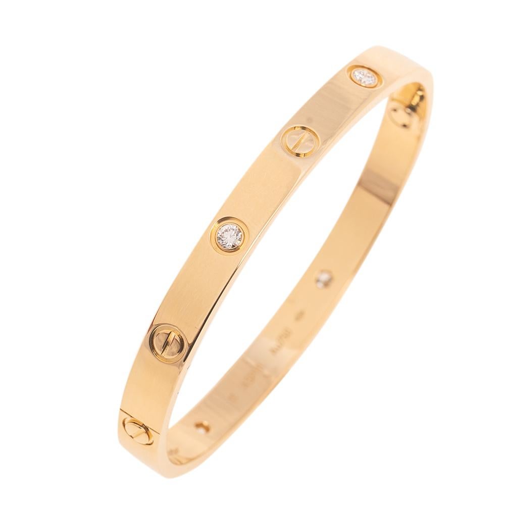Contemporary Cartier Love 4-Diamonds 18K Yellow Gold Bracelet 17