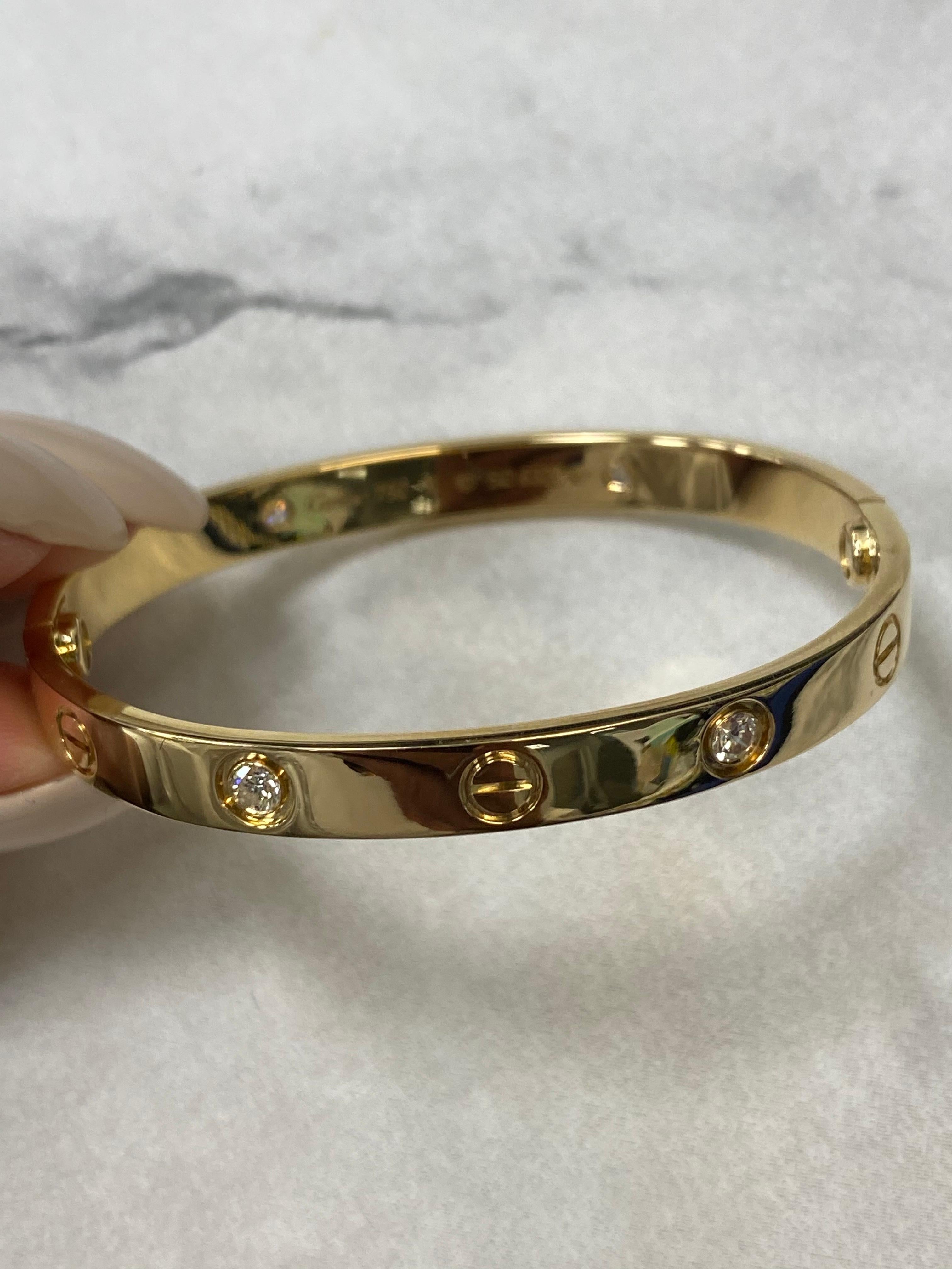 Cartier Love 4 Diamonds Bracelet 18K Yellow Gold Size 16 In Excellent Condition For Sale In New York, NY
