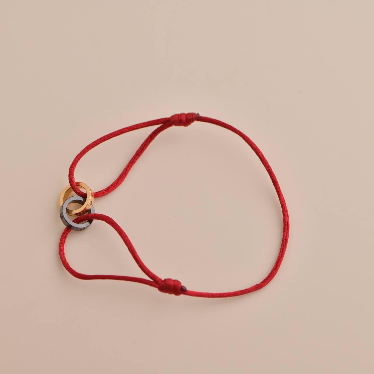 Brilliant Cut Cartier Love 4 Diamond Rose Gold Sevres Porcelain Red Silk Cord Bracelet