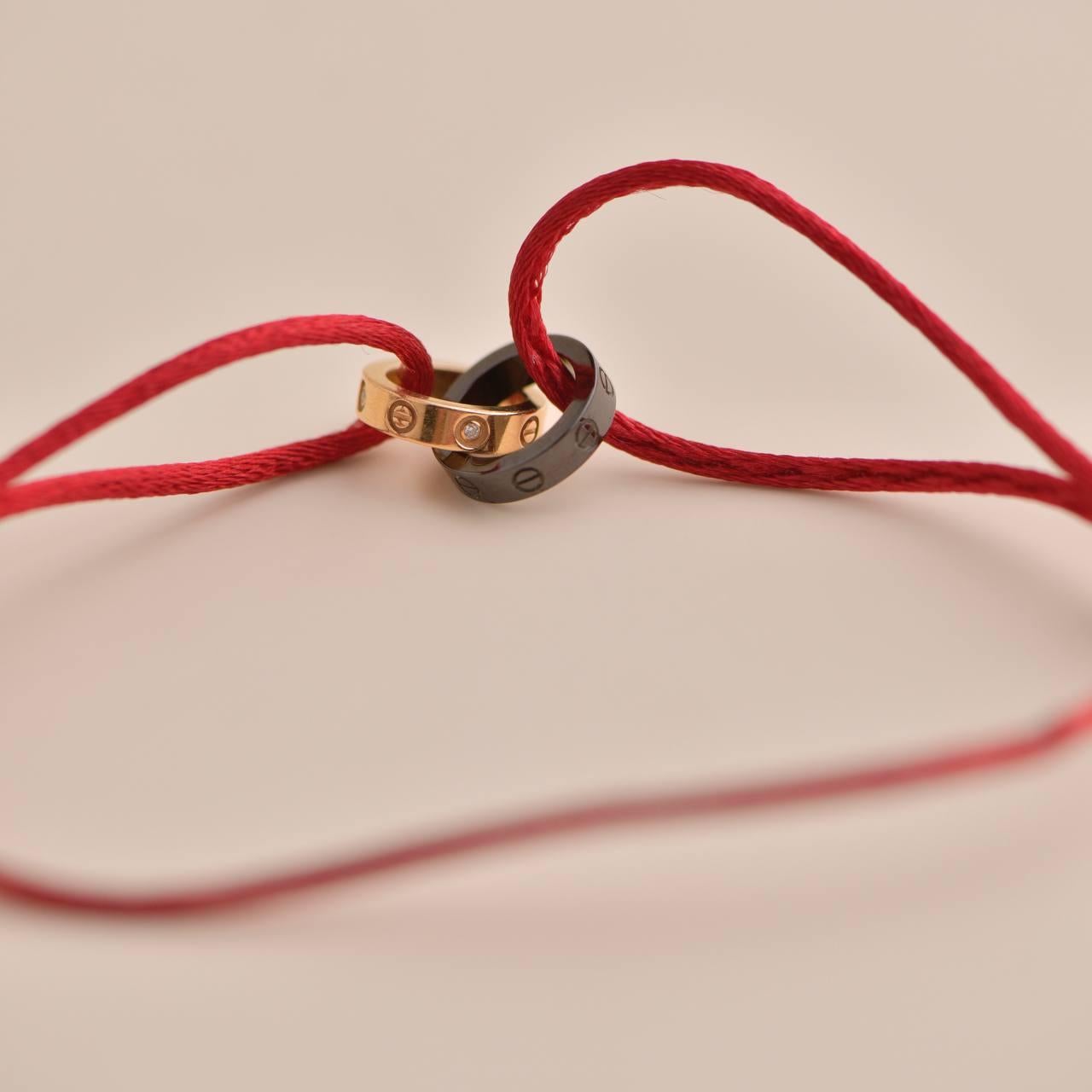 Women's or Men's Cartier Love 4 Diamond Rose Gold Sevres Porcelain Red Silk Cord Bracelet