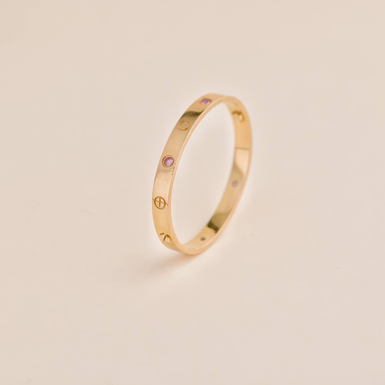 Uncut Cartier Love 4 Pink Sapphire 18k Rose Gold Bracelet Size 16 For Sale