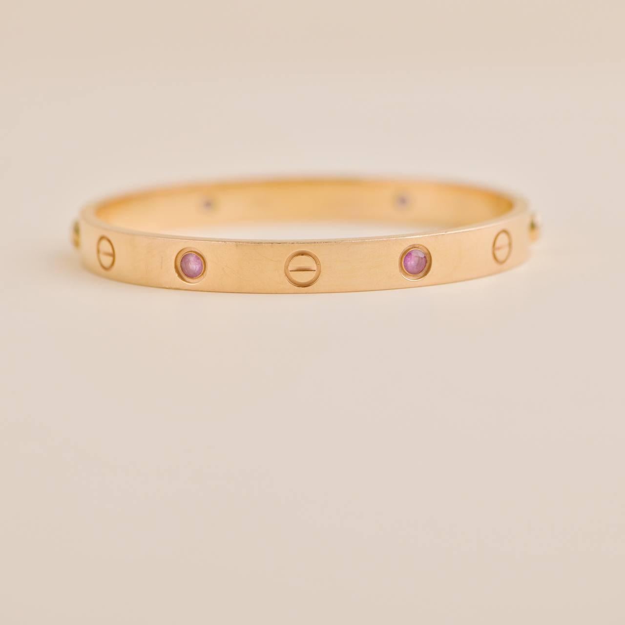 Cartier Love 4 Pink Sapphire 18k Rose Gold Bracelet Size 16 In Excellent Condition For Sale In Banbury, GB