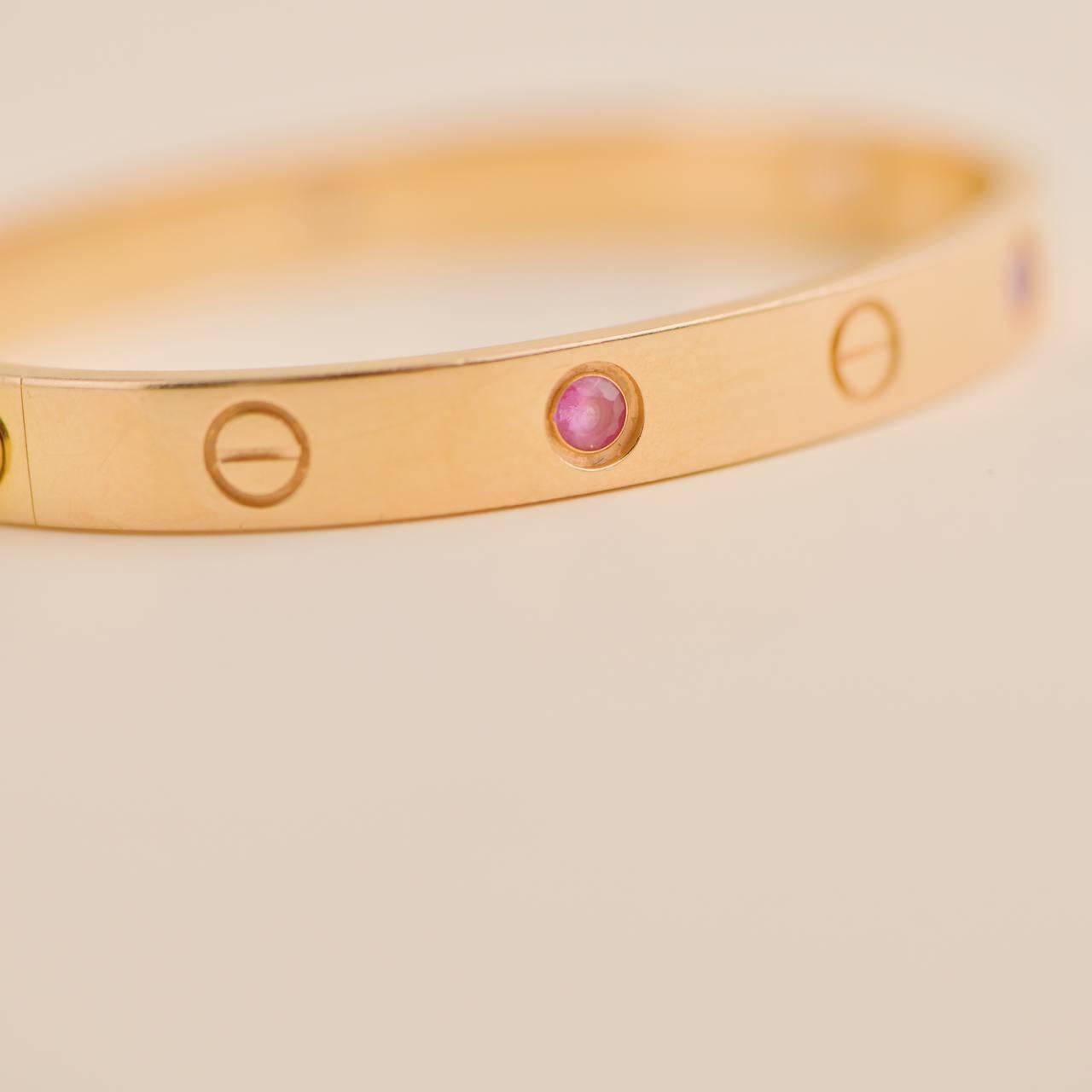 Women's or Men's Cartier Love 4 Pink Sapphire 18k Rose Gold Bracelet Size 16 For Sale