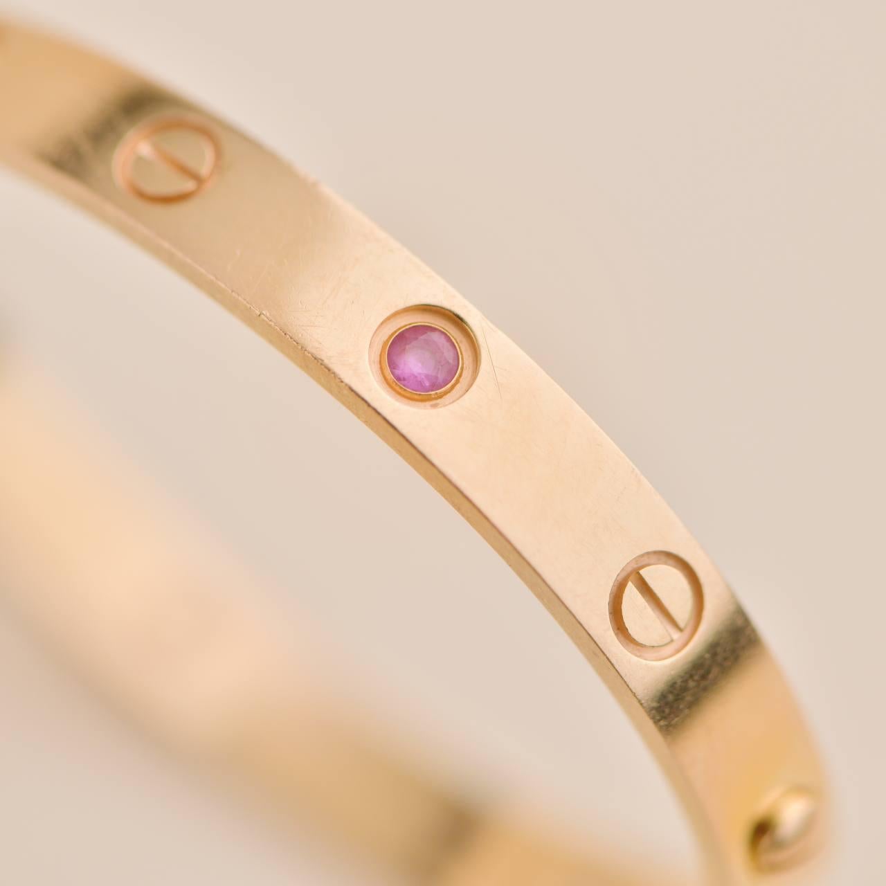 Cartier Love 4 Pink Sapphire 18k Rose Gold Bracelet Size 16 For Sale 2