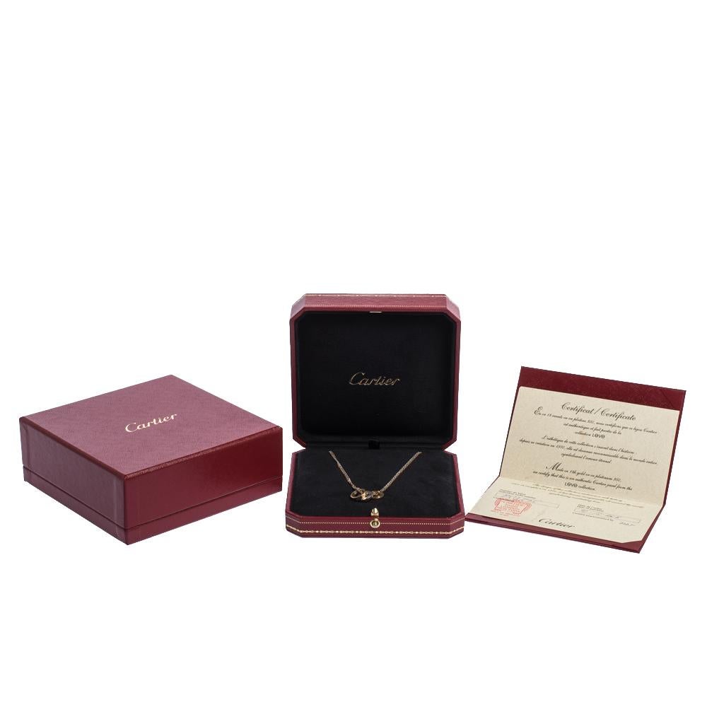 Cartier Love 6 Diamonds 18K Two Tone Gold 3 Circular Charm Necklace In Fair Condition In Dubai, Al Qouz 2
