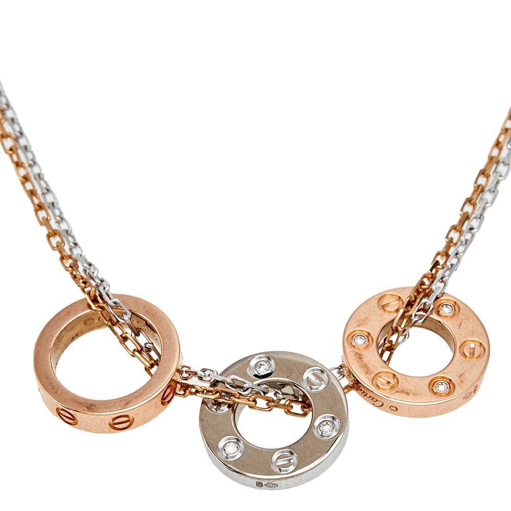 Cartier Love 3 Ring Pendant Necklace 18k Rose Gold And 18k White Gold With 6  Diamonds