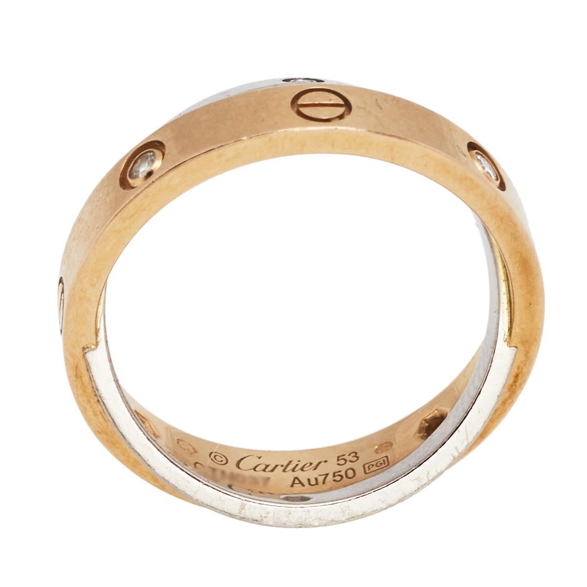 One of the most iconic and loved designs from the house of Cartier, the stunning Love ring is an icon of style and luxury. This is an updated version that arrives in two bands- one in 18k white gold and the other in 18k yellow gold. The rings