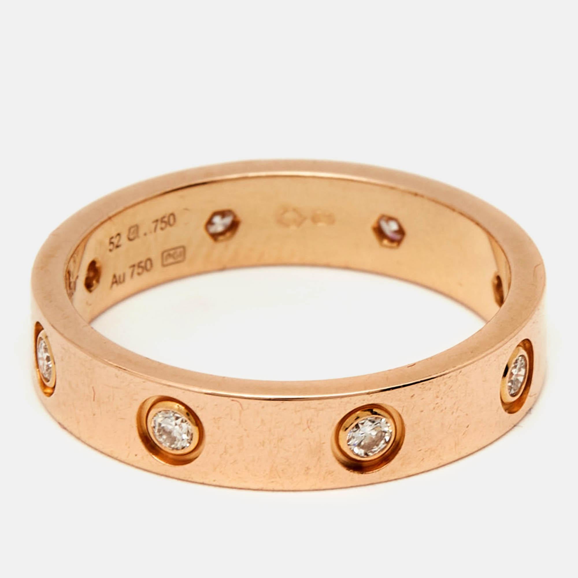 Women's Cartier Love 8 Diamond 18k Rose Gold Wedding Band Ring 52 For Sale