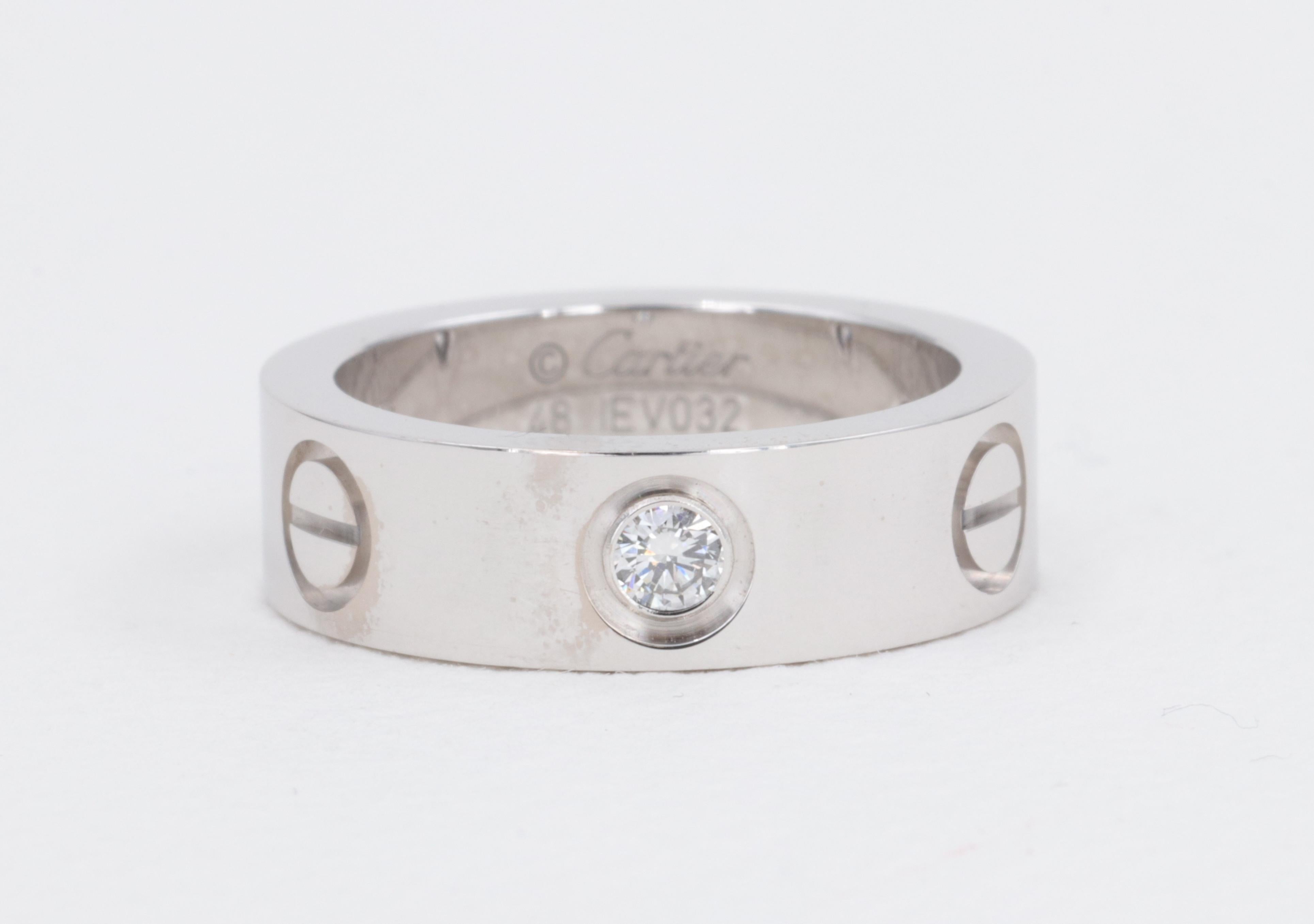 Round Cut Cartier Love Band Ring 3 Diamond 18 Karat White Gold For Sale