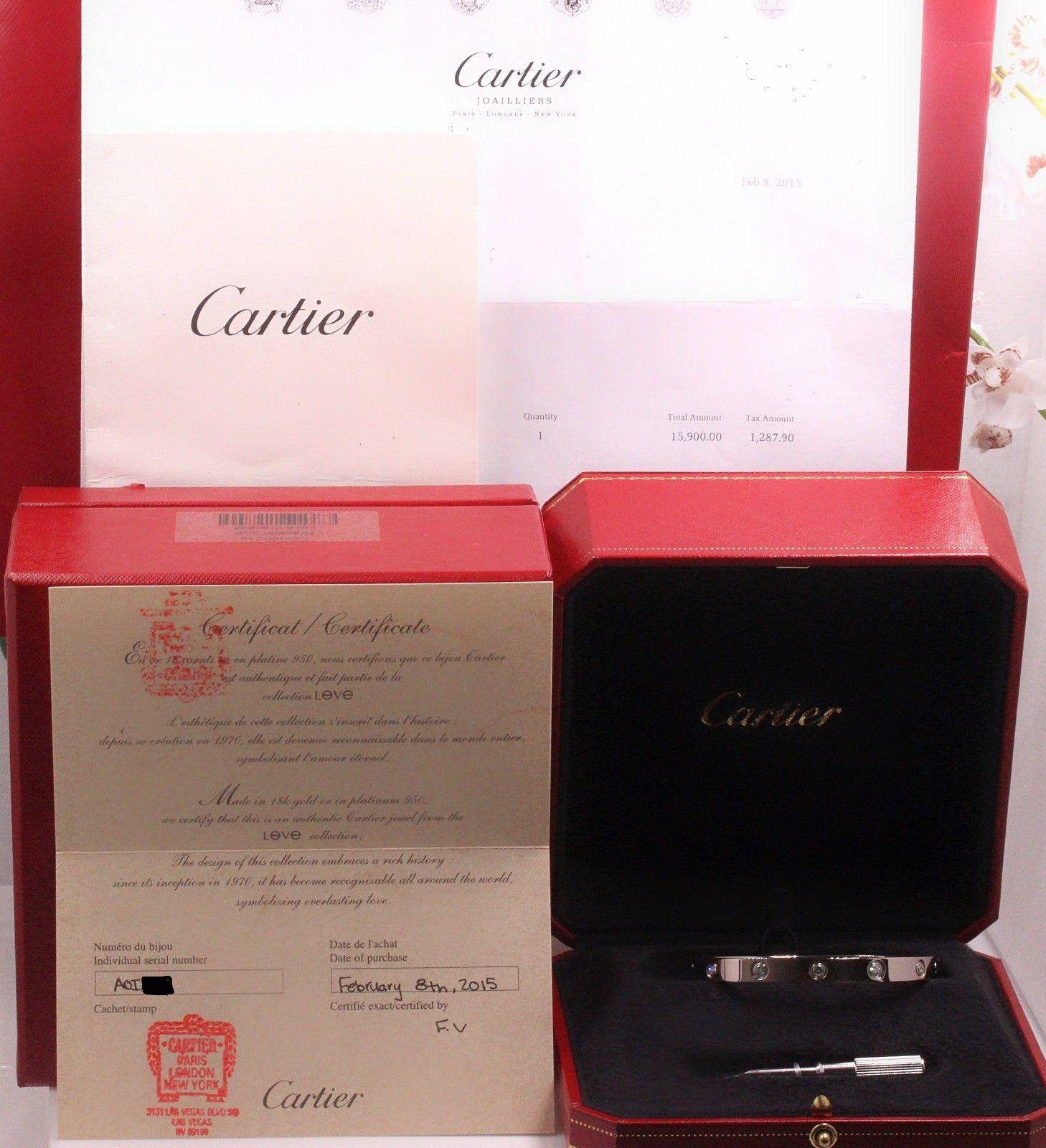 Brand:  Cartier

Style:  10 Diamond LOVE Bangle New Style Full Set
Serial Number:  AOI***
Year:  2015
Diamonds:  Round Brilliant Diamonds 0.96 TCW
Metal:  18k White Gold
Size:  17
Width:  5 MM
Hallmark:  AOI***Au750 ©Cartier 17 AOI***Au750
Includes: