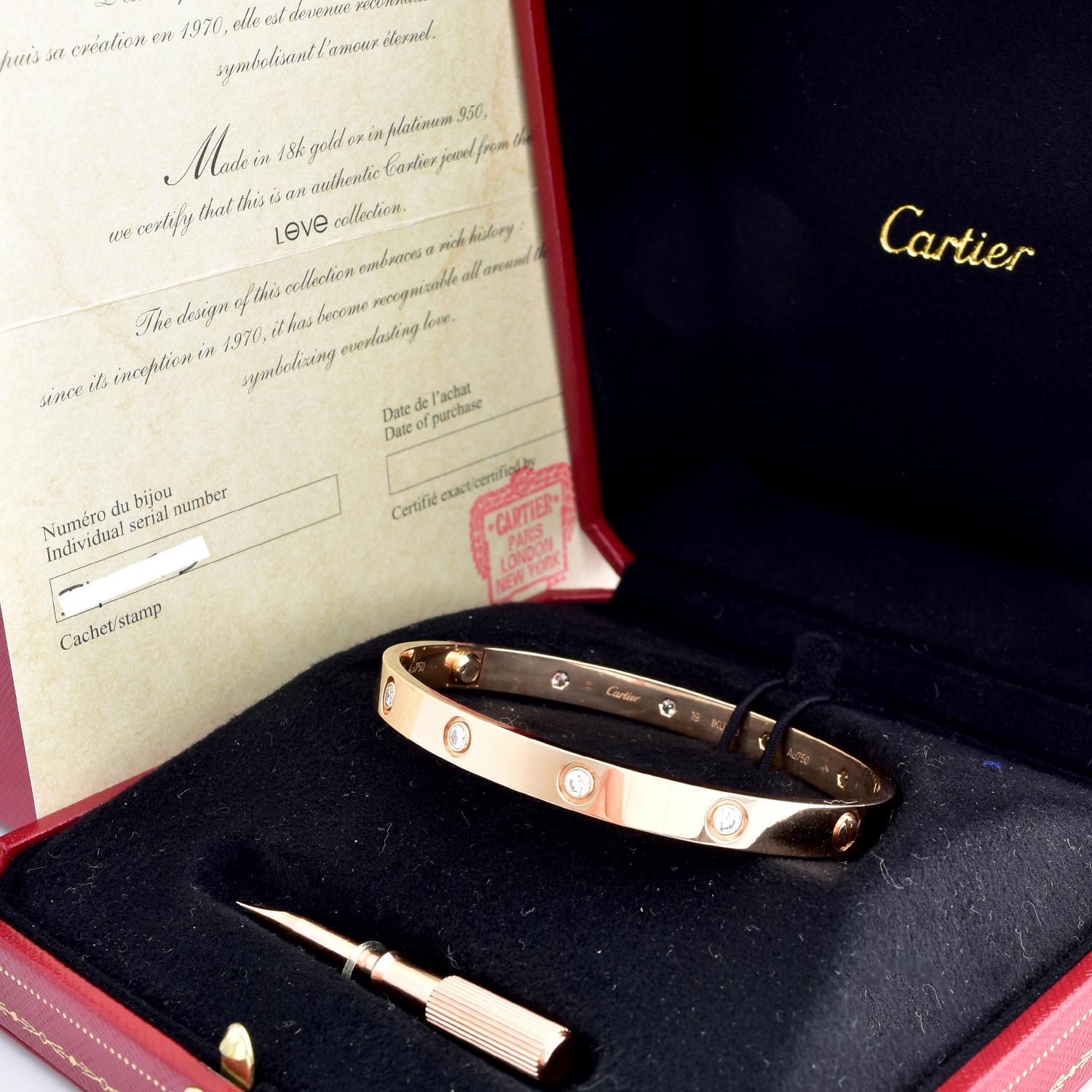Designer: Cartier

Collection: Love

Style: Bracelet/ Bangle 

Metal: Rose Gold 

Metal Purity: 18k

Total Item Weight ( Grams) : 34.3

Bracelet Size : 19 = 19 Cm

Hallmarks: Cartier; Serial #; 750

Includes: 24 Months Brilliance Jewels