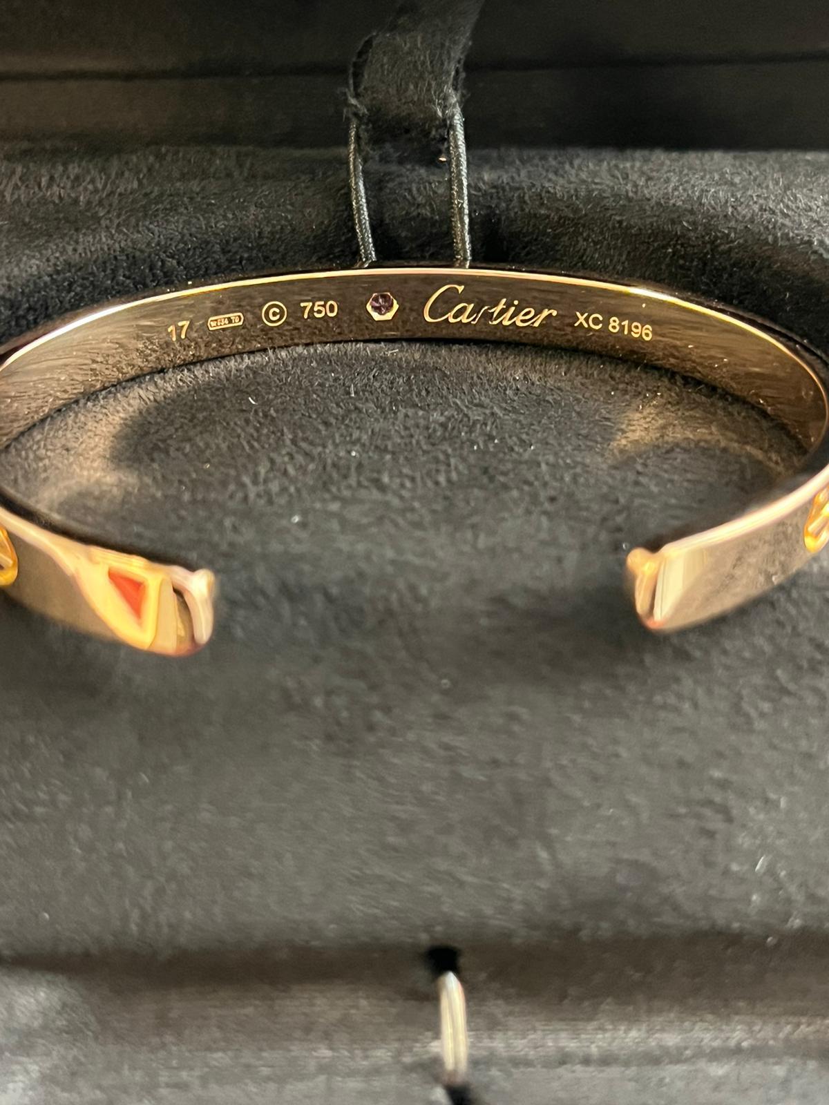 Cartier Love Bangle Bracelet 18 Karat Rose Gold with Sapphire Gemstone Size 17 For Sale 1