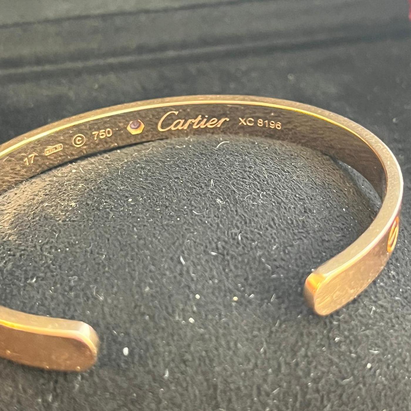Round Cut Cartier Love Bangle Bracelet 18 Karat Rose Gold with Sapphire Gemstone Size 17 For Sale
