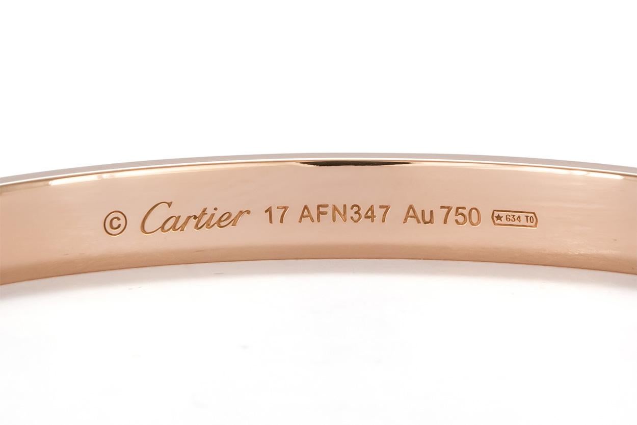 Modern Cartier Love Bangle Bracelet 18 Karat Rose Gold Box and Service Papers