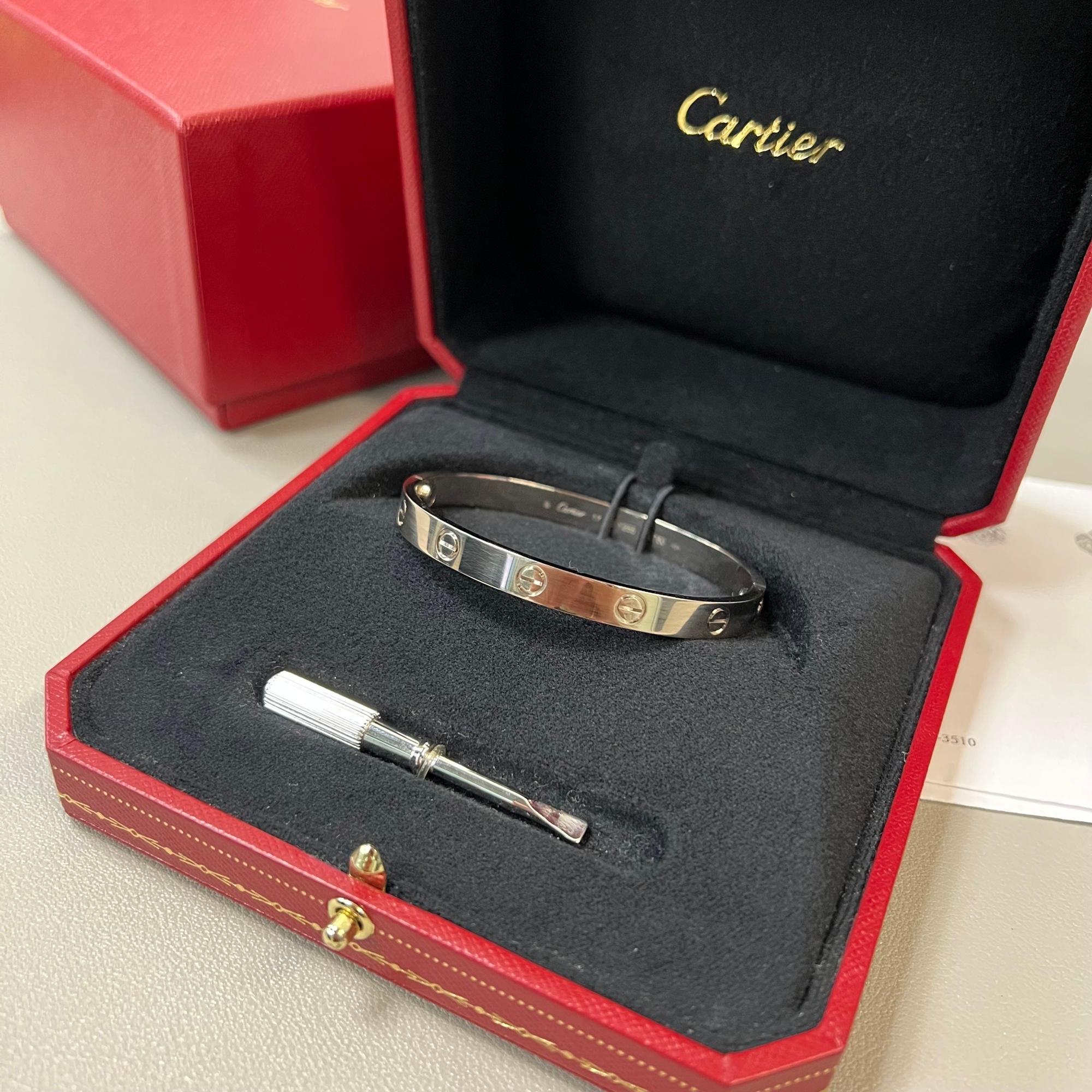 Cartier Love Bangle Bracelet 18K White Gold Size 17 New Style In Excellent Condition In New York, NY