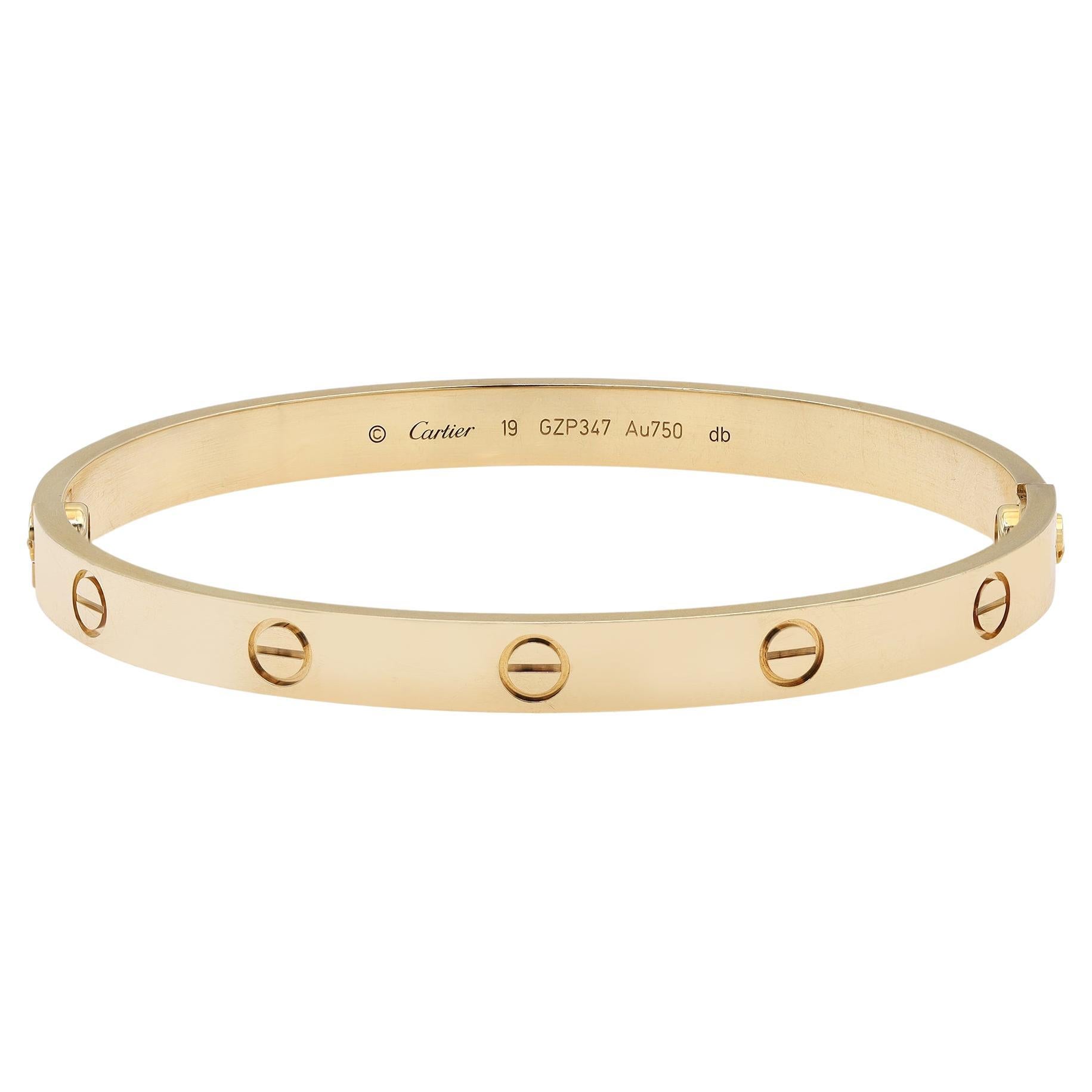 Cartier Love Bangle Bracelet 18K Yellow Gold at 1stDibs | cartier 750  bracelet, 19 750 cartier, cartier 750 bracelet price