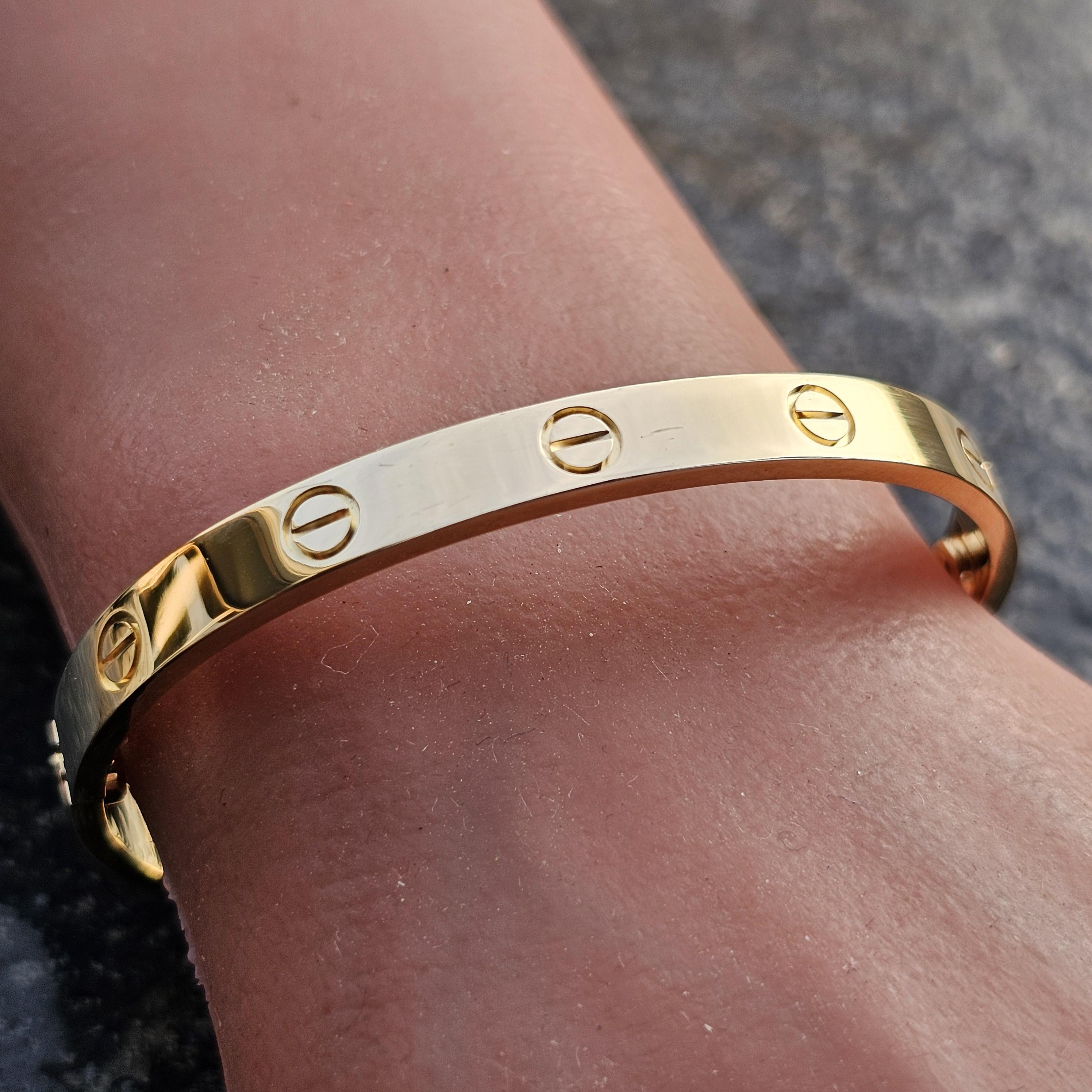 Women's or Men's Cartier Love Bangle Bracelet Classic size 17 18k Yellow Gold Box Papers 7350 For Sale