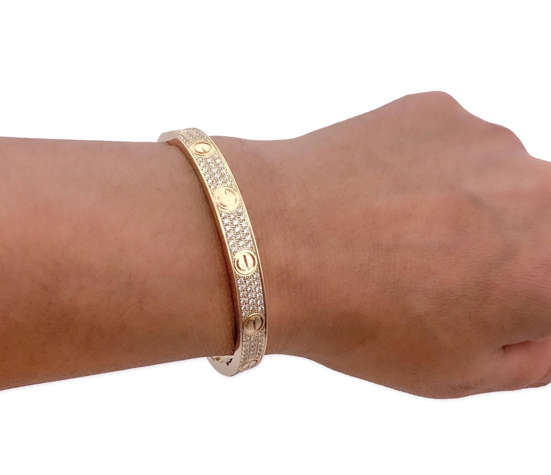 Round Cut Cartier Love Bangle Bracelet Diamond Paved 18k Yellow Gold