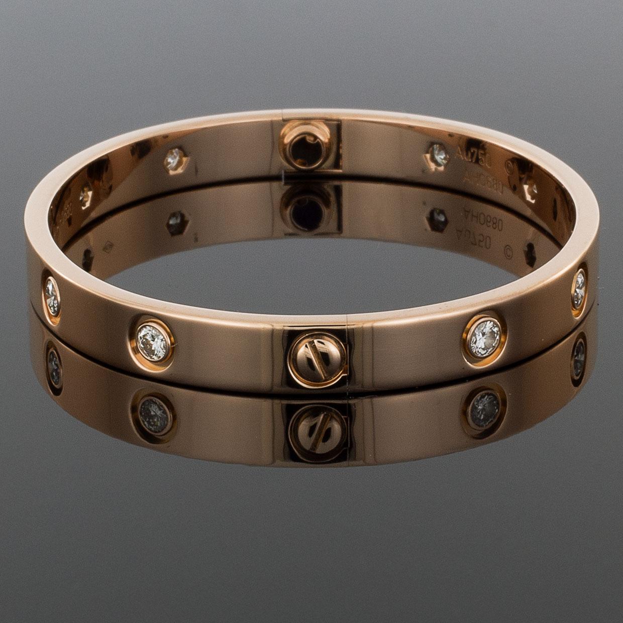 Round Cut Cartier Love Bangle Bracelet in 18 Karat Rose Gold with Full Diamonds B6040616