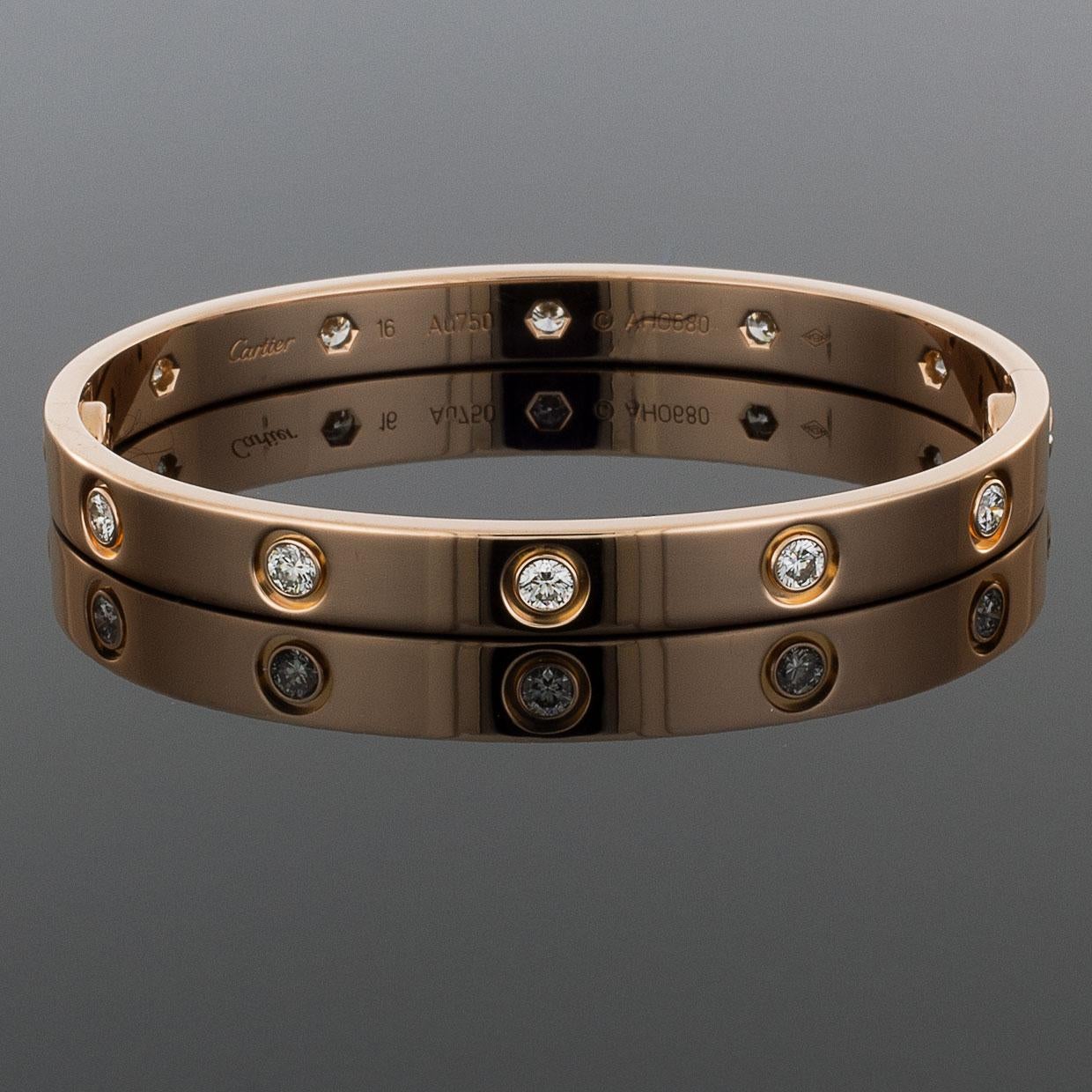 Cartier Love Bangle Bracelet in 18 Karat Rose Gold with Full Diamonds B6040616 In Excellent Condition In Columbia, MO
