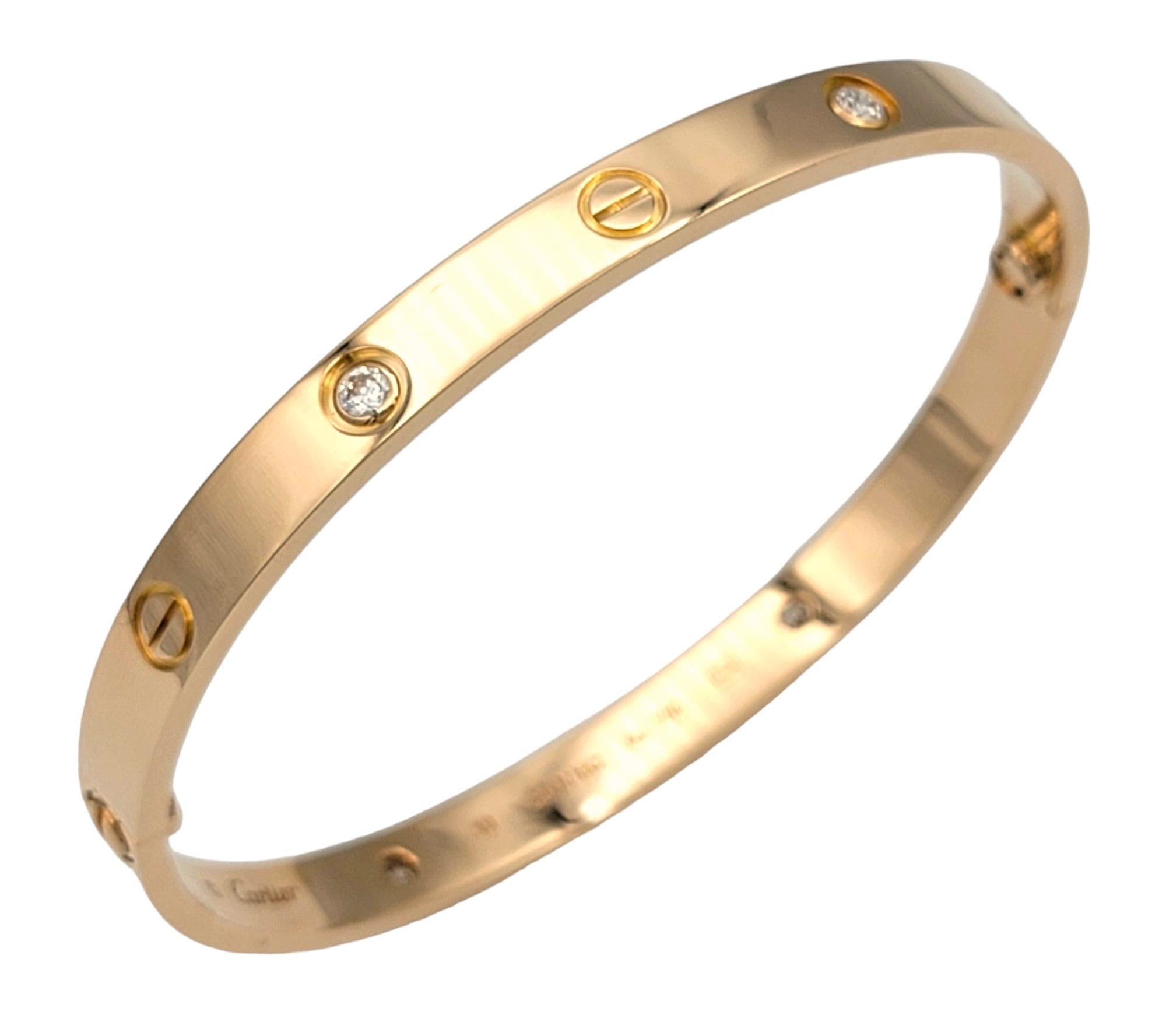 This stunning Cartier Love Bracelet is an iconic piece crafted in 18 karat rose gold and adorned with 4 sparkling diamonds. This exquisite bracelet features the timeless screw motif, symbolizing enduring love and commitment, enhanced by the