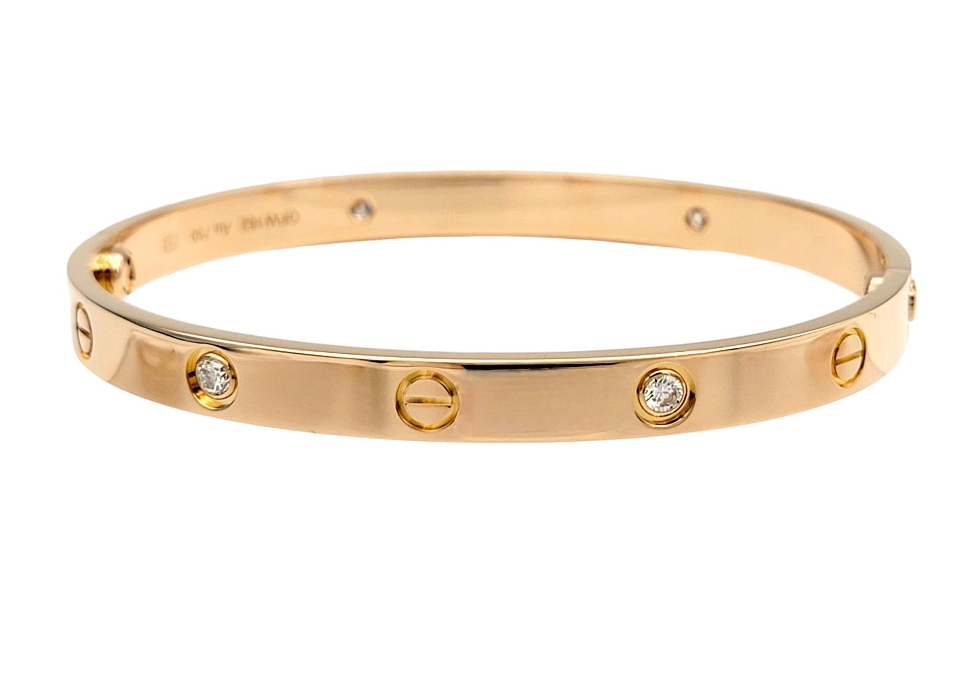 Contemporary Cartier Love Bangle Bracelet with 4 Round Diamonds Set in 18 Karat Rose Gold