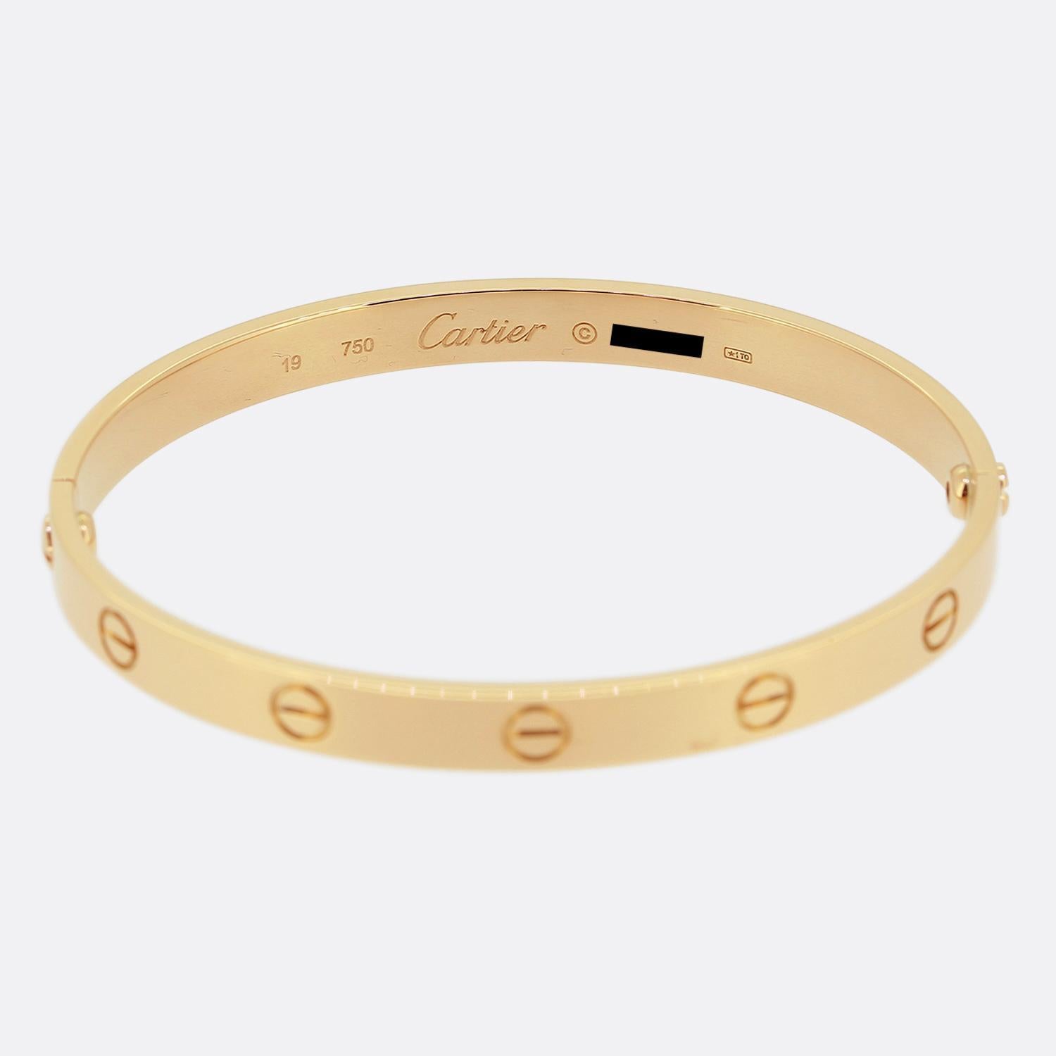 Here we have an 18ct rose gold bangle from the world renowned luxury jewellery house of Cartier. This bangle forms part of the LOVE collection and is one of the most celebrated items of jewellery in the world. This particular model features the