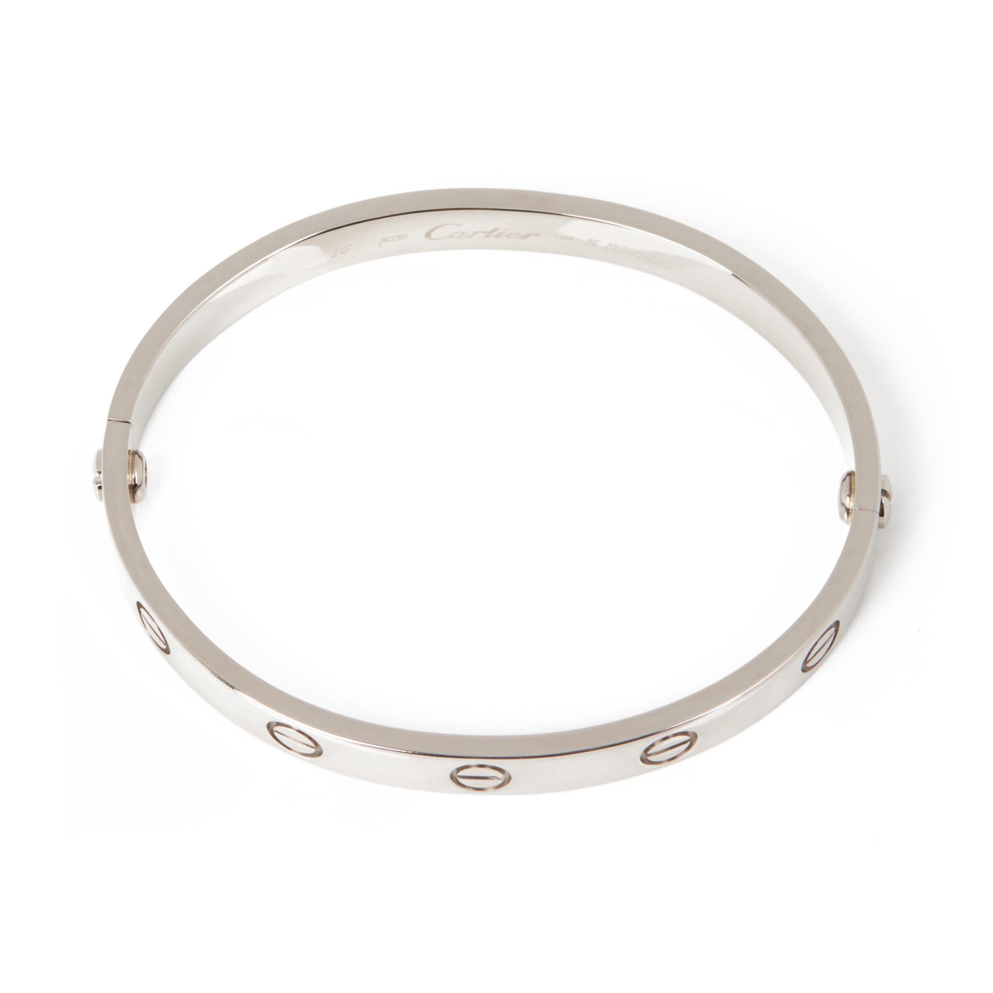 Cartier 18ct White Gold Love Bangle

Brand- Cartier
Model- Love Bangle
Product Type- Bracelet
Serial Number- K8****
Accompanied By- Cartier Pouch, Service Papers, Screwdriver
Material(s)- 18ct White Gold

Bracelet Length- 16cm
Bracelet Width-