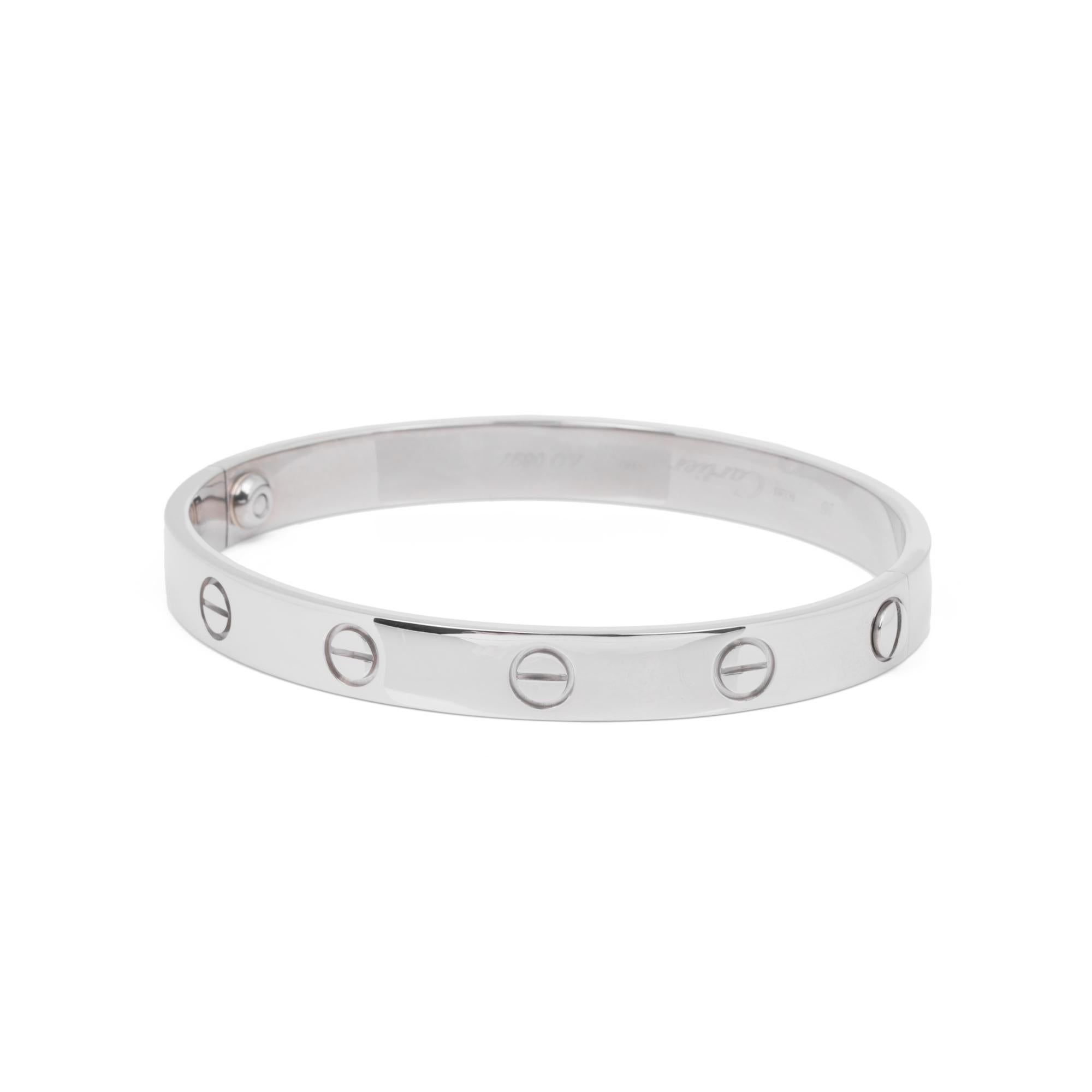 Cartier 18ct White Gold Love Bangle

Brand- Cartier
Model- Love Bangle
Product Type- Bracelet
Serial Number- AO****
Accompanied By- Cartier Pouch, Service Papers, Screwdriver
Material(s)- 18ct White Gold

Bracelet Length- 16cm
Bracelet Width-