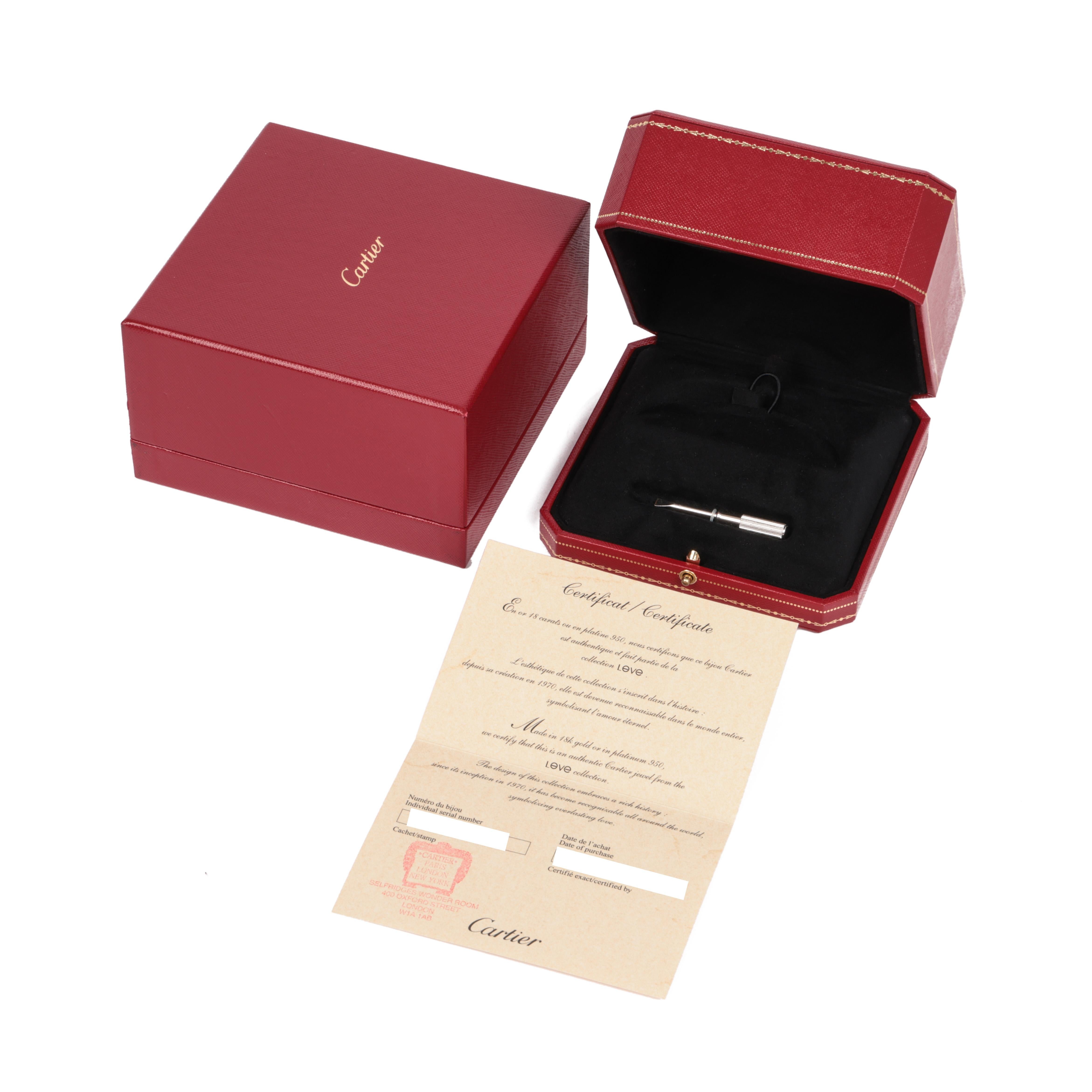 RRP	£7,100
ITEM CONDITION	Excellent
XUPES REFERENCE	J1123
MANUFACTURER	Cartier
MODEL	Love
MODEL REFERENCE	B6067617
AGE	2018
GENDER	Women's
ACCOMPANIED BY	Cartier Box, Certificate & Service Papers
BRACELET WIDTH	5.7mm
BRACELET LENGTH	20cm
TOTAL
