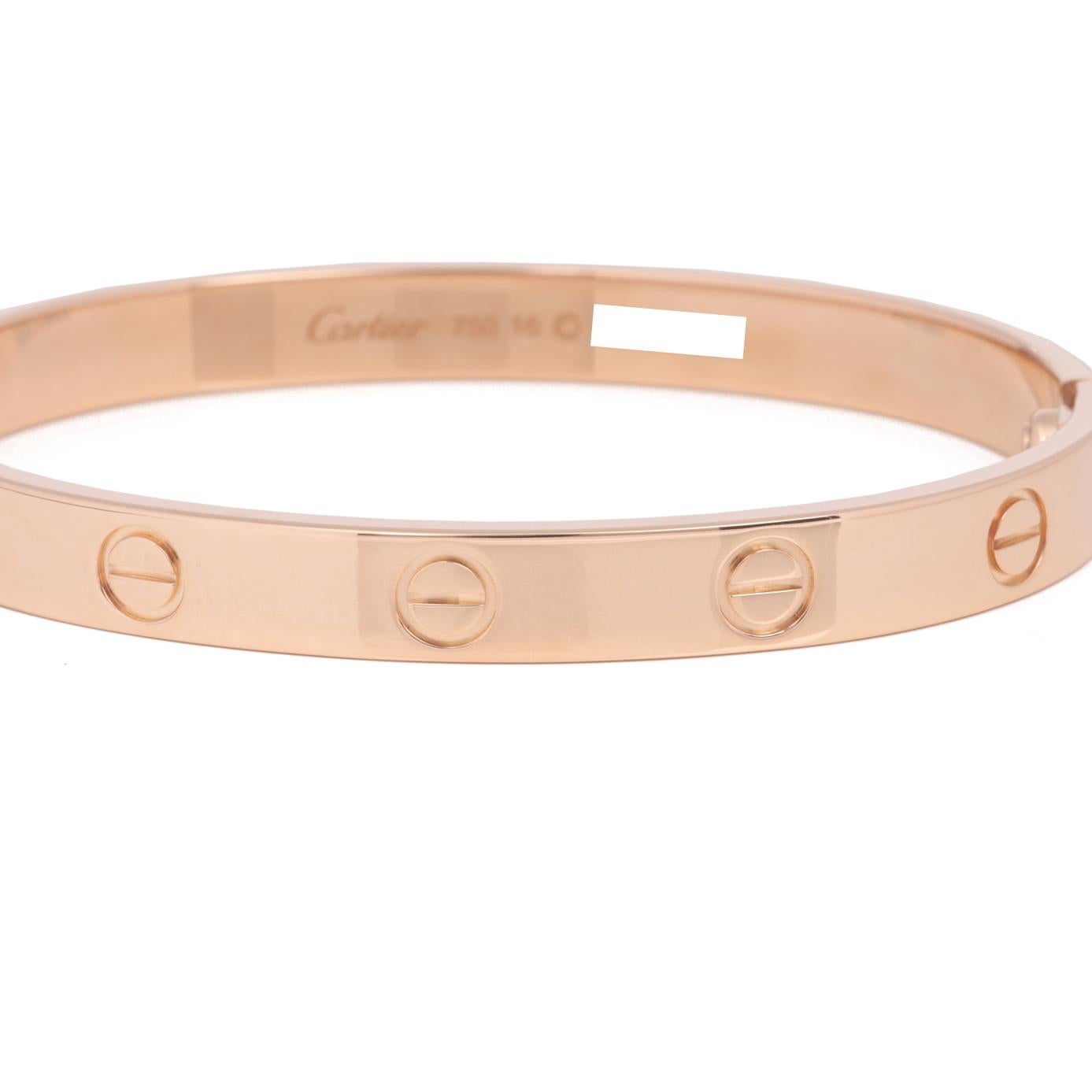 Cartier 18ct Rose Gold Love Bangle

Brand- Cartier
Model- Love Bangle
Product Type- Bracelet
Serial Number- R******
Accompanied By- Cartier Pouch, Service Papers, Screwdriver
Material(s)- 18ct Rose Gold

Bracelet Length- 16cm
Bracelet Width-