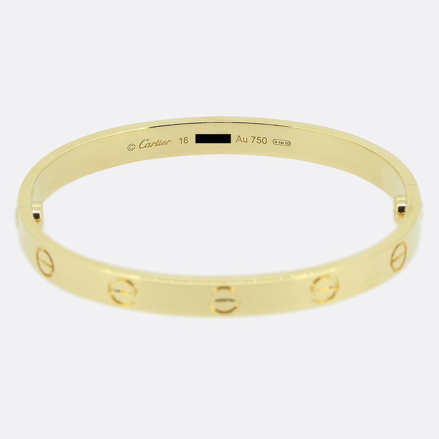Here we have an 18ct yellow gold bangle from the world renowned luxury jewellery house of Cartier. This bangle forms part of the LOVE collection and is one of the most celebrated items of jewellery in the world. This particular model features the