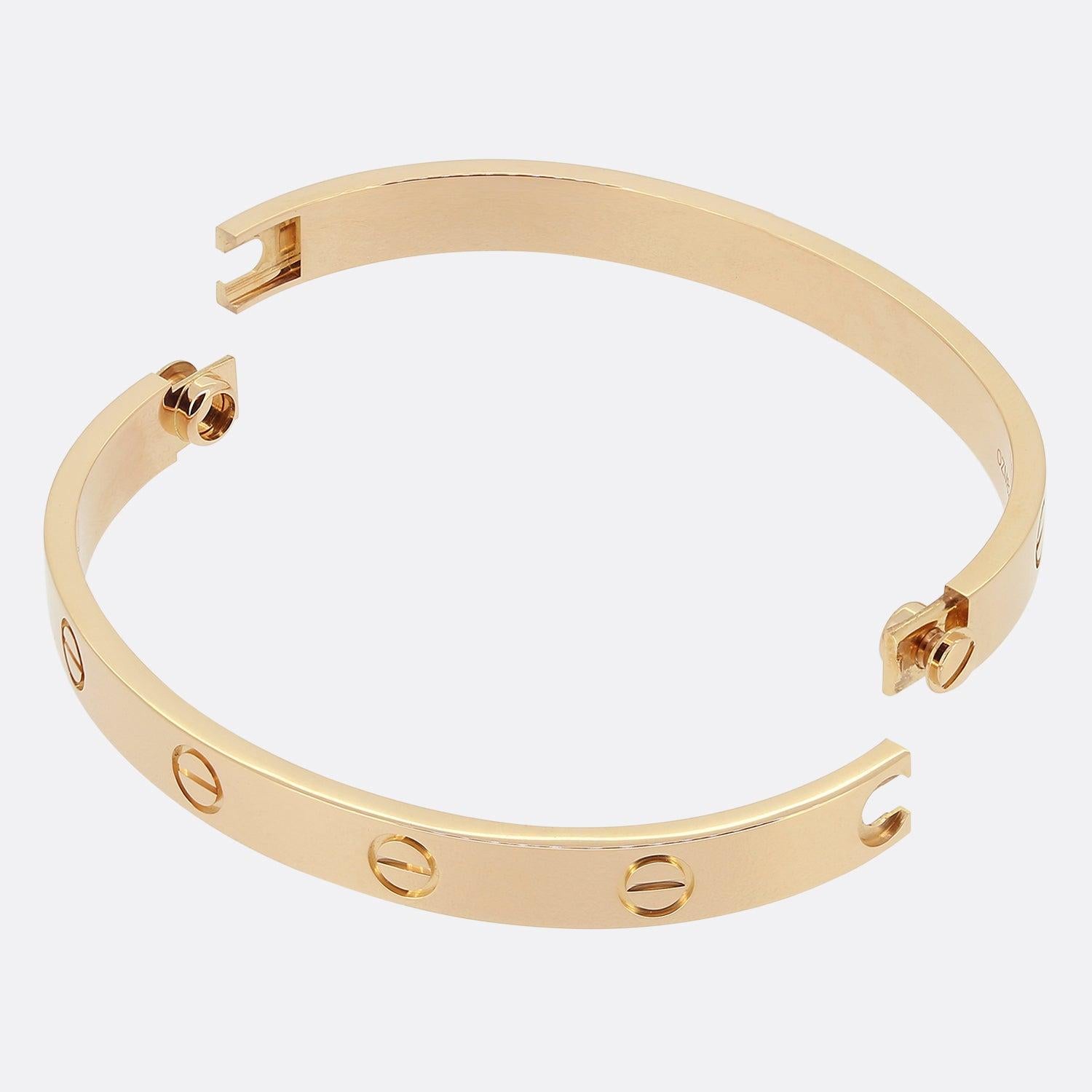 Here we have an 18ct rose gold bangle from the world renowned luxury jewellery house of Cartier. This bangle forms part of the LOVE collection and is one of the most celebrated items of jewellery in the world. This particular model features the