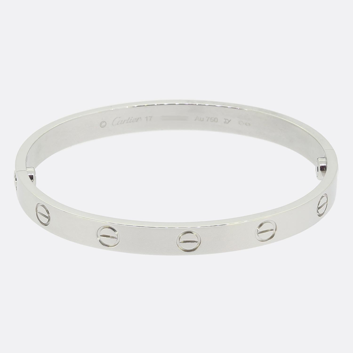Here we have an 18ct white gold bangle from the world renowned luxury jewellery house of Cartier. This bangle forms part of the LOVE collection and is one of the most celebrated items of jewellery in the world. This particular model features the