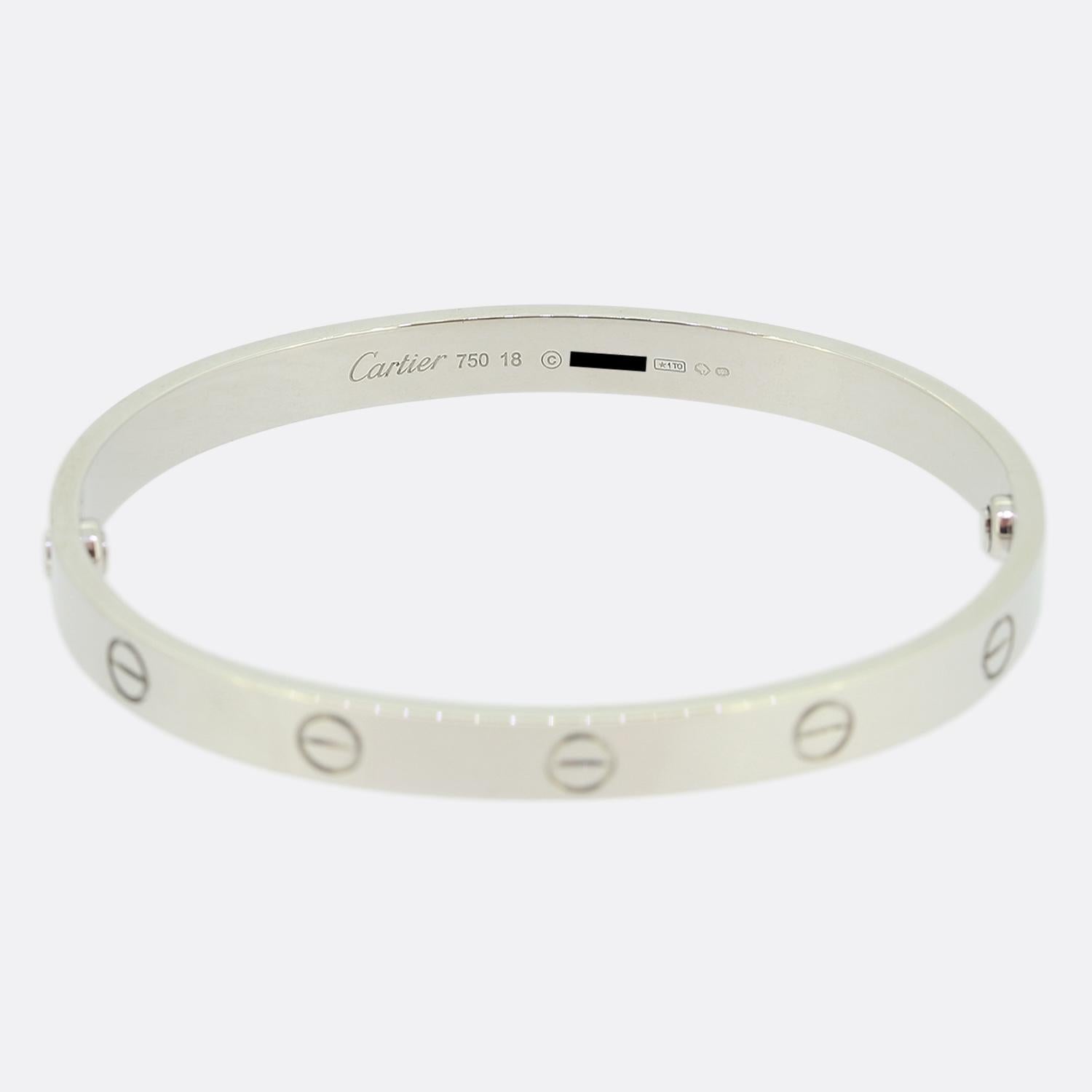 Here we have an 18ct white gold bangle from the world renowned luxury jewellery house of Cartier. This bangle forms part of the LOVE collection and is one of the most celebrated items of jewellery in the world. This particular model features the