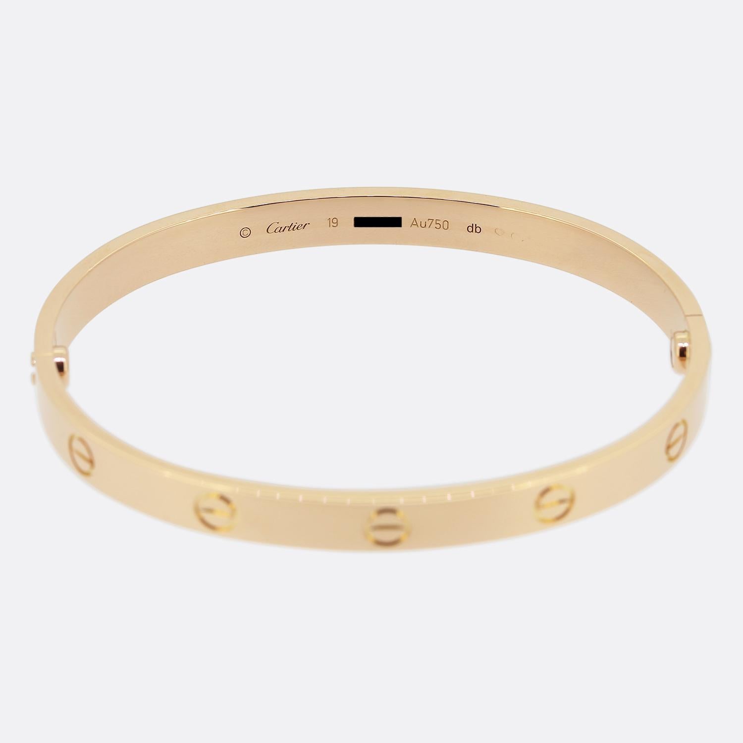 Here we have an 18ct rose gold bangle from the world renowned luxury jewellery house of Cartier. This bangle forms part of the LOVE collection and is one of the most celebrated items of jewellery in the world. This particular model features the