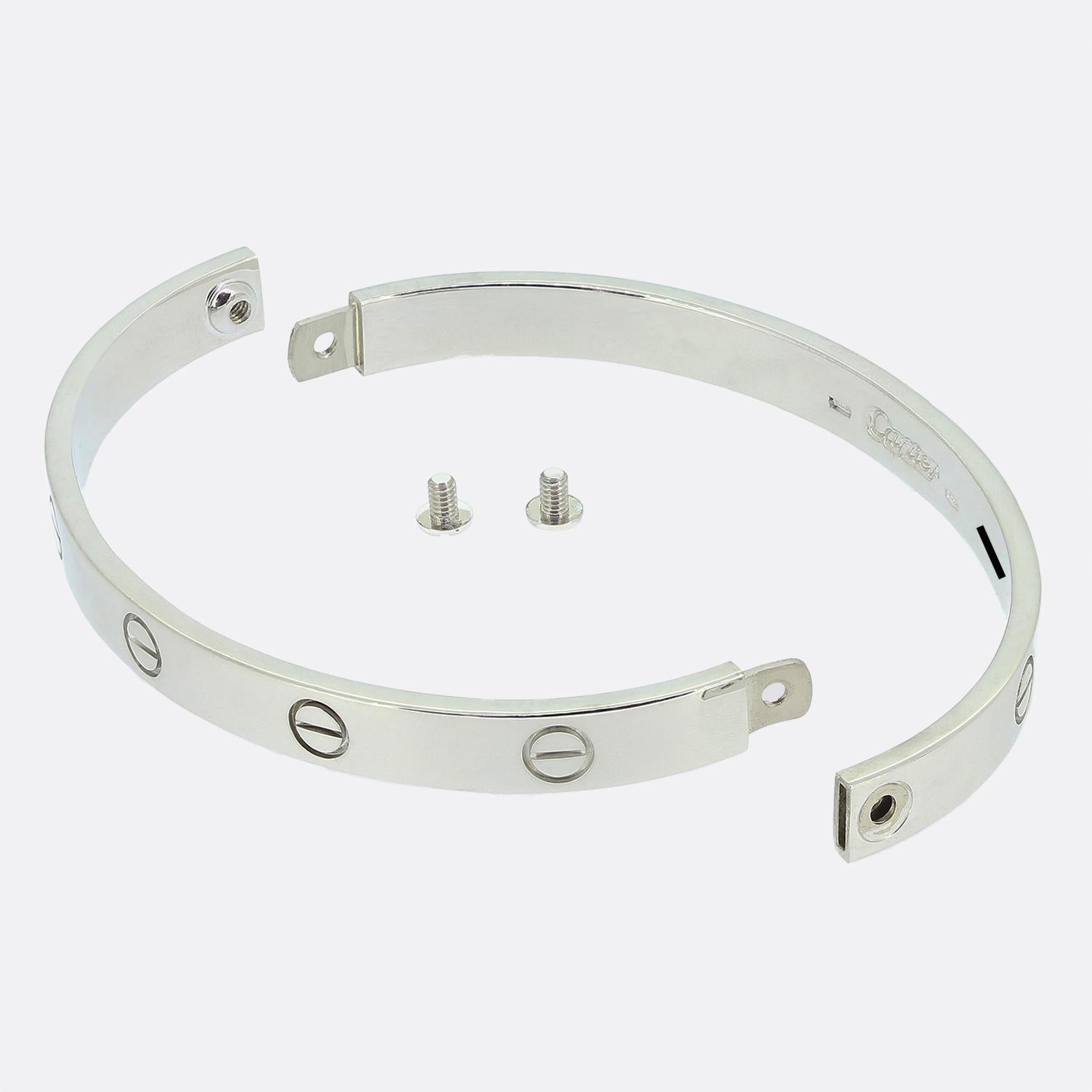 Here we have an 18ct white gold bangle from the world renowned luxury jewellery house of Cartier. This bangle forms part of the LOVE collection and is one of the most celebrated items of jewellery in the world. This particular model features the