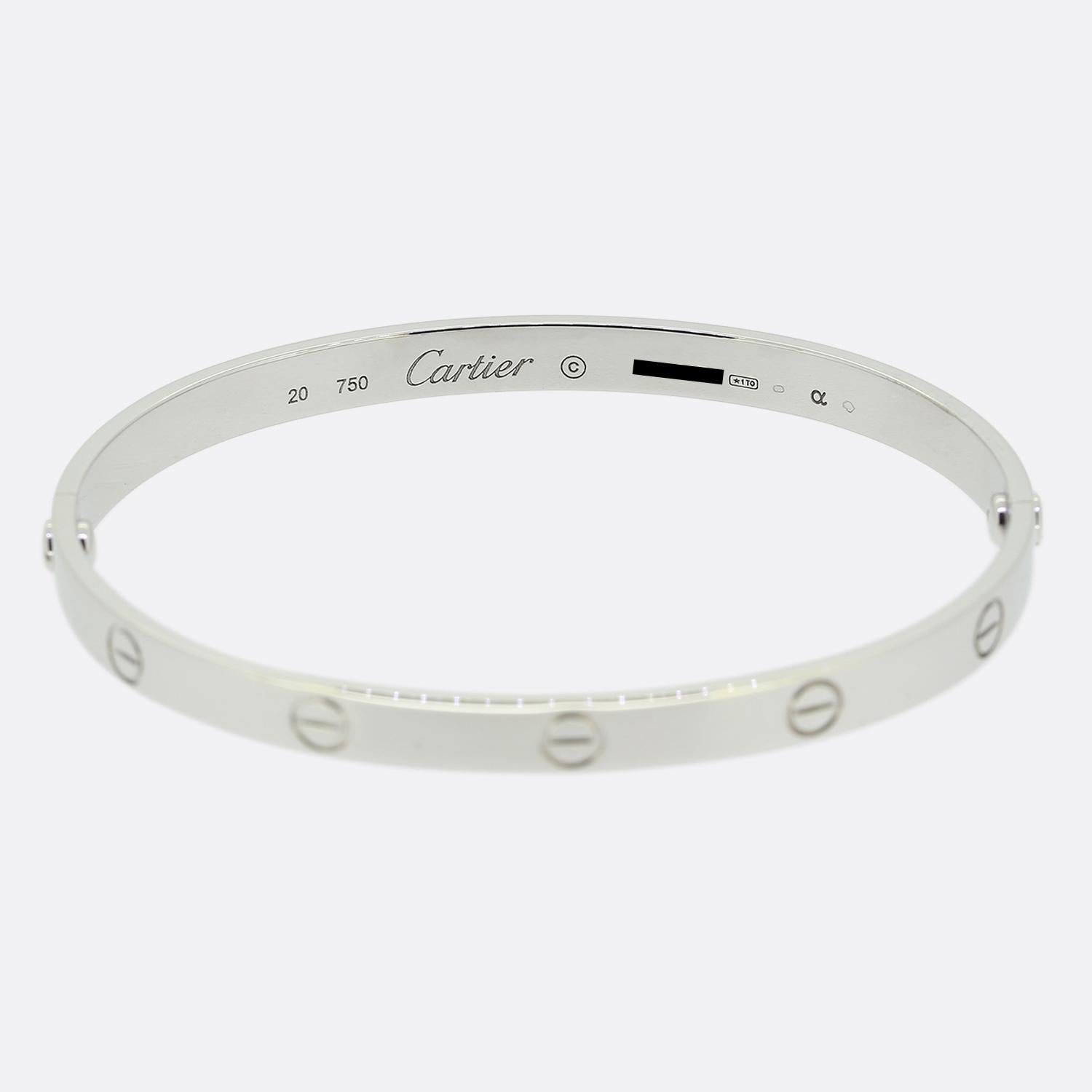 Here we have an 18ct white gold bangle from the world renowned luxury jewellery house of Cartier. This bangle forms part of the LOVE collection and is one of the most celebrated items of jewellery in the world. This particular model features the