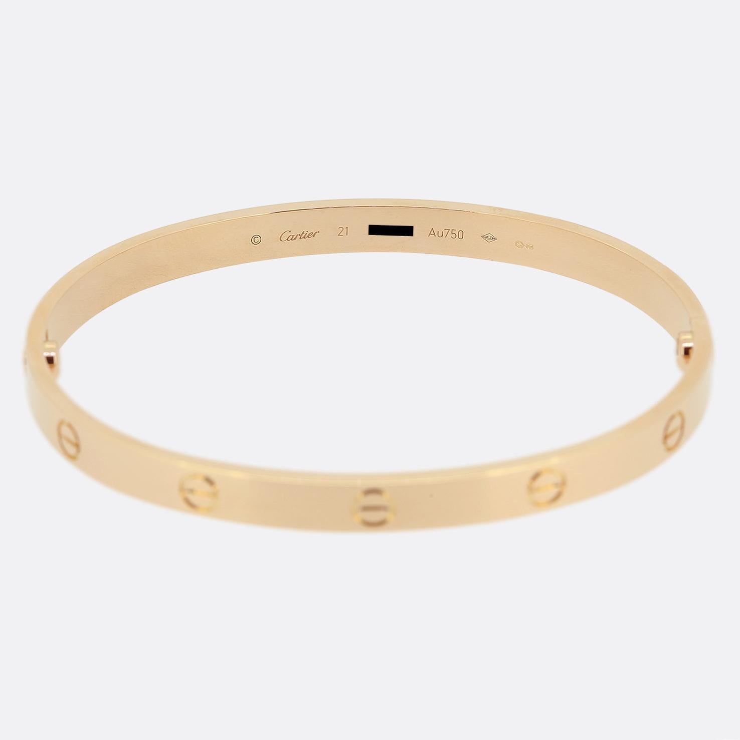 Here we have an 18ct rose gold bangle from the world renowned luxury jewellery house of Cartier. This bangle forms part of the LOVE collection and is one of the most celebrated items of jewellery in the world. This particular model features the