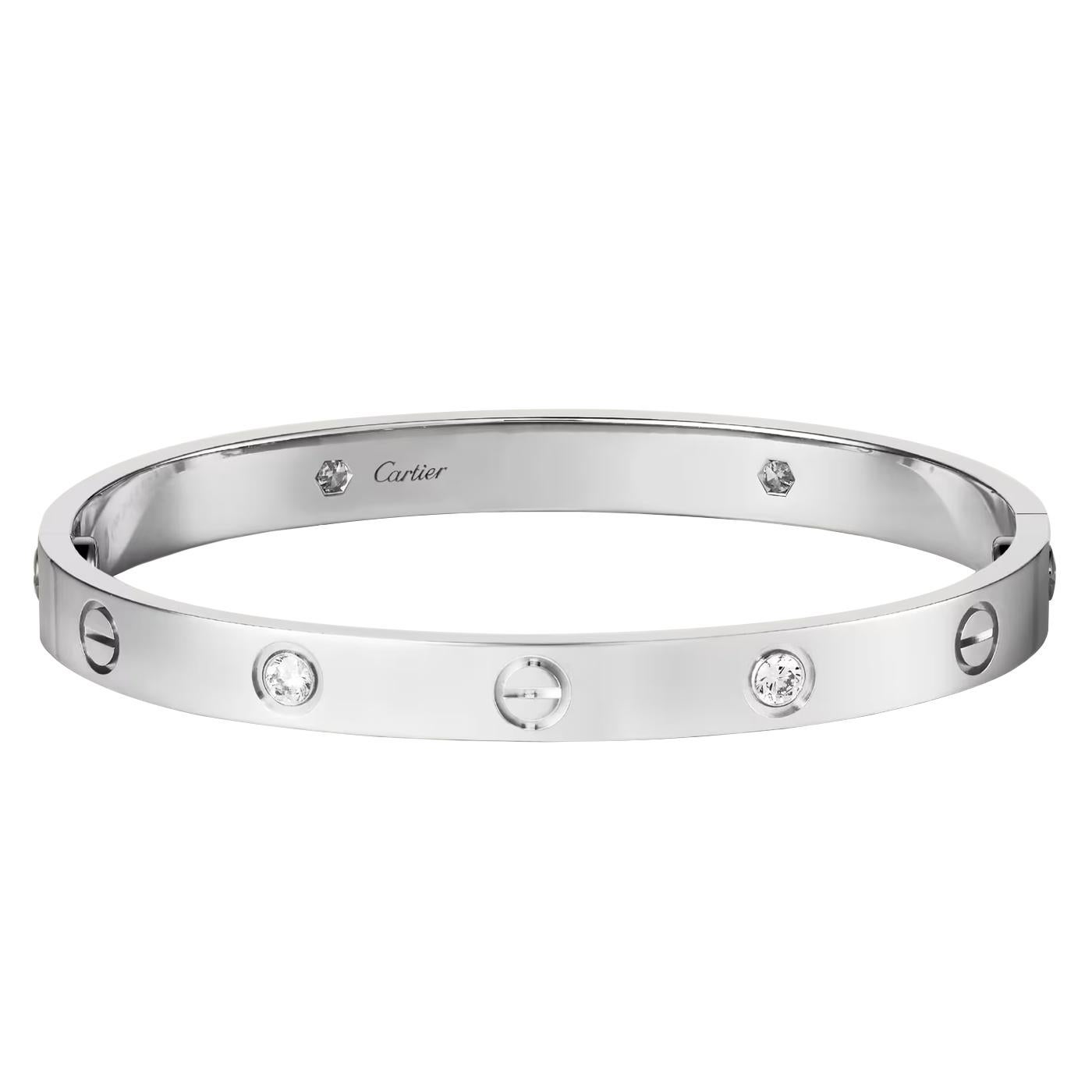 LOVE bracelet, 18K white gold (750/1000), set with 4 brilliant-cut diamonds totaling 0.42 carats. Comes with a screwdriver. Width: 6.1 mm. Created in New York in 1969, the LOVE bracelet is an icon of jewelry design: a close-fitting, oval bracelet