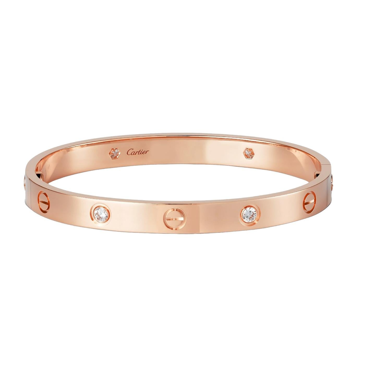 LOVE bracelet, 18K rose gold (750/1000), set with 4 brilliant-cut diamonds totaling 0.42 carats. Comes with a screwdriver. Width: 6.1 mm. Created in New York in 1969, the LOVE bracelet is an icon of jewelry design: a close-fitting, oval bracelet