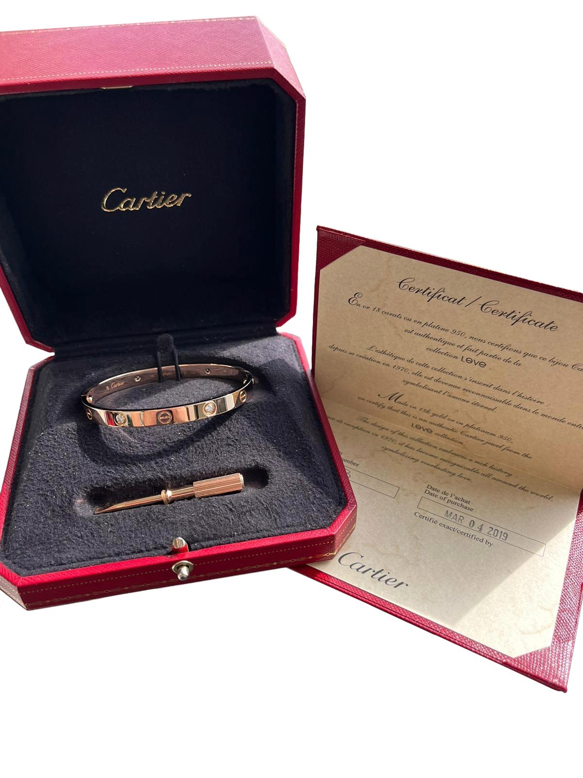 Round Cut Cartier Love Bracelet 0.42 Carats 4 Brilliant Cut Diamonds 18K Rose Gold Bangle For Sale