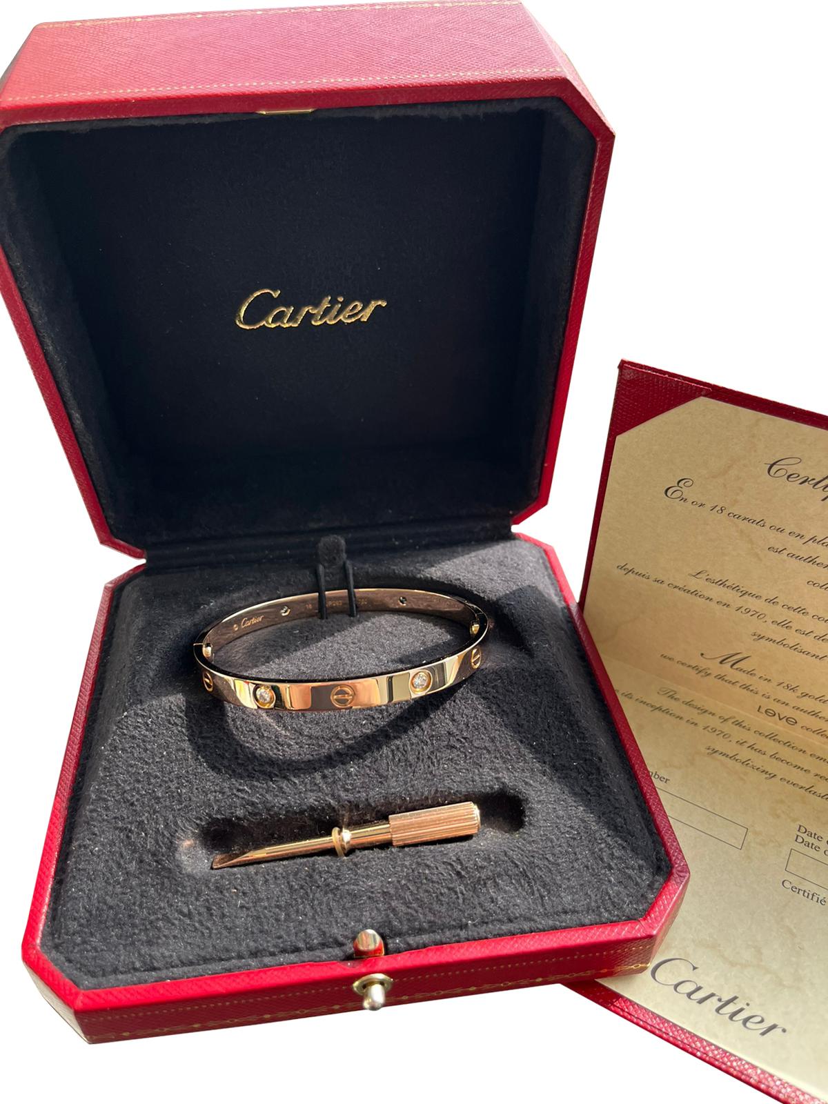 Cartier Love Bracelet 0.42 Carats 4 Brilliant Cut Diamonds 18K Rose Gold Bangle In Good Condition For Sale In Aventura, FL