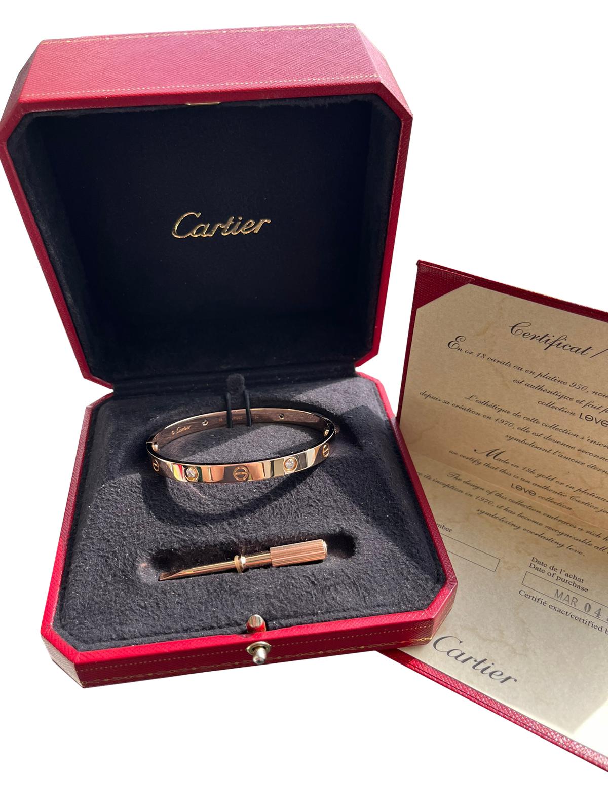 Cartier Love Bracelet 0.42 Carats 4 Brilliant Cut Diamonds 18K Rose Gold Bangle For Sale 3
