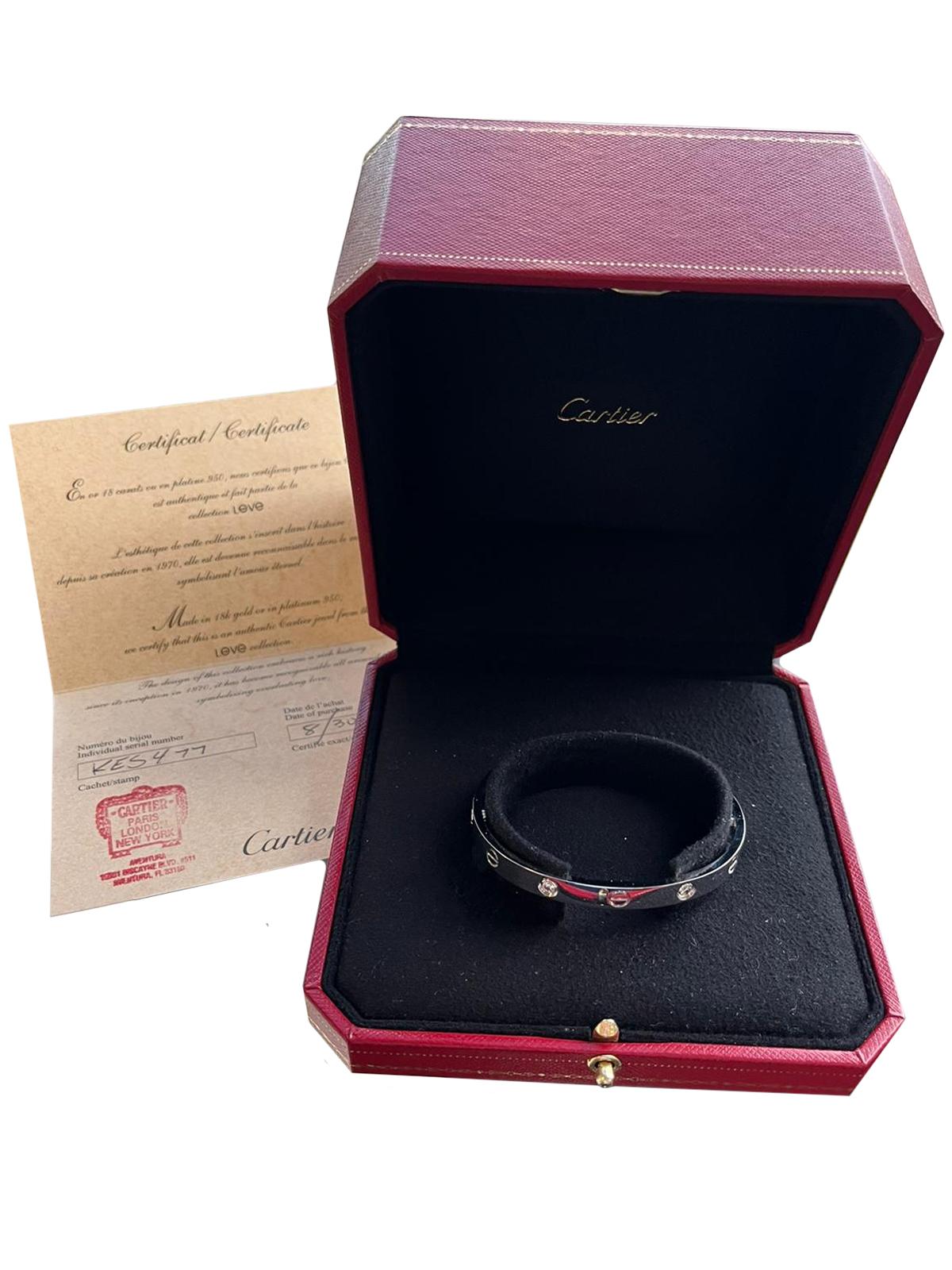 Modernist Cartier Love Bracelet 0.42ct 4 Diamonds Brilliant-Cut Size 17 White Gold For Sale