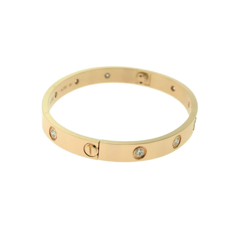Designer: Cartier

Collection: Love

Style: Bangle Bracelet

Metal: Rose Gold

​​​​​​​Metal Purity: 18k

Stone: Round Brilliant Cut Diamonds

Total Carat Weight: 0.96 ct

Bracelet Size: 17 = 17 cm

Hallmarks: 17, Au750 Cartier, Serial No.,

Retail: